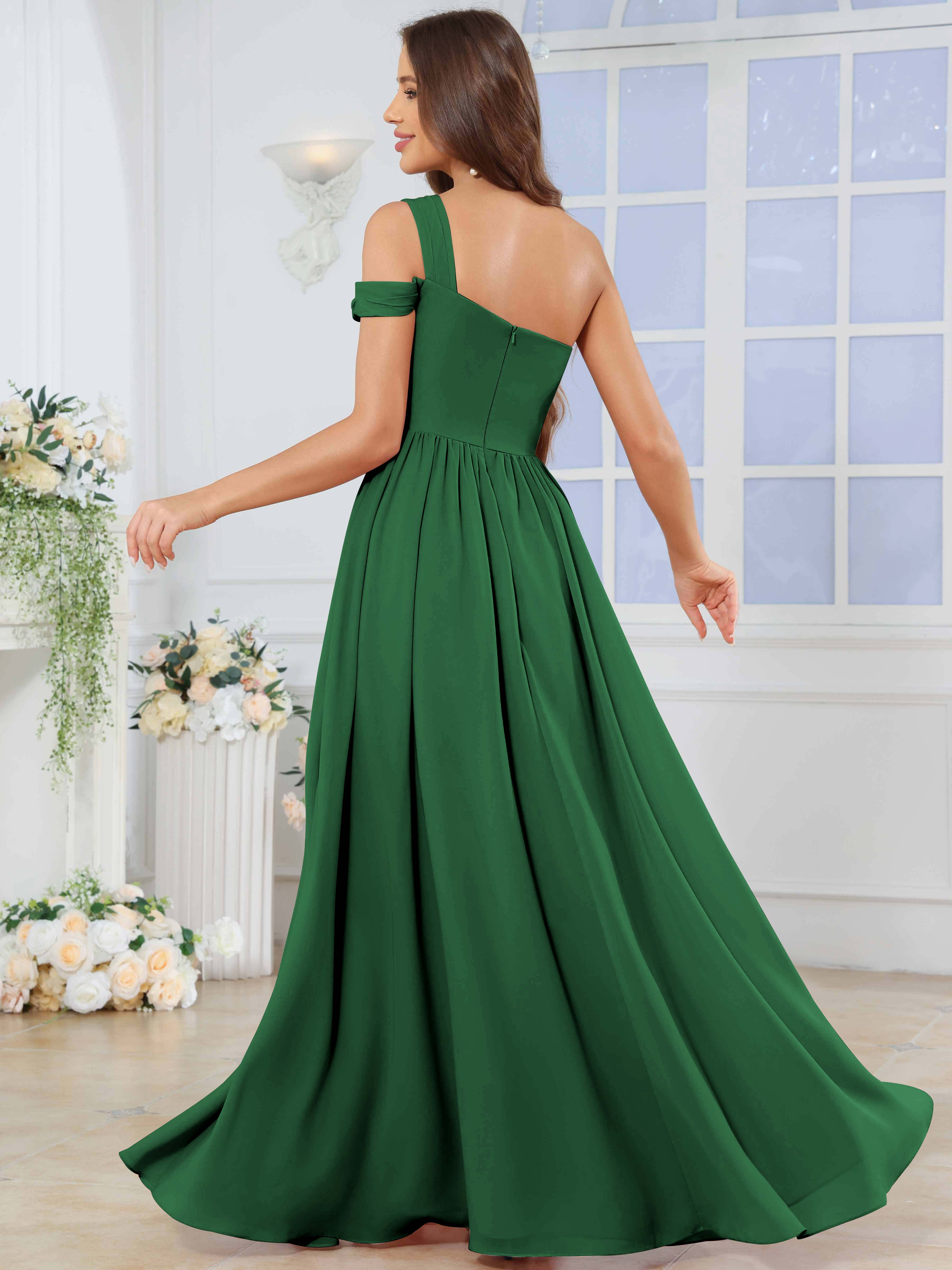 ROVDESY One Shoulder Pleated Chiffon Bridesmaid Dress With Slit
