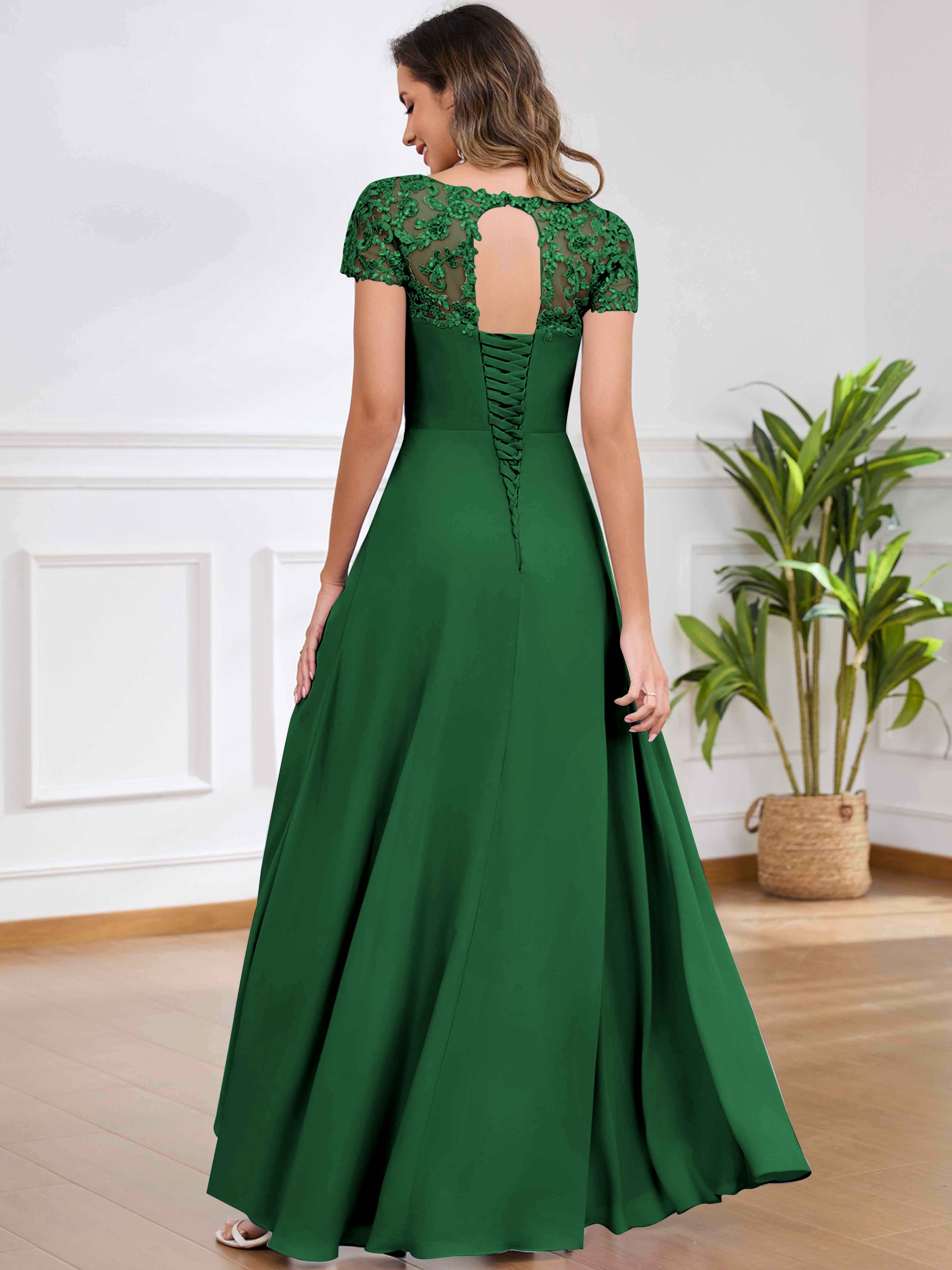 ROVDESY A-Line Pleated Lace Sequin Ruffle Chiffon Mother Of The Bride Dress With Slit