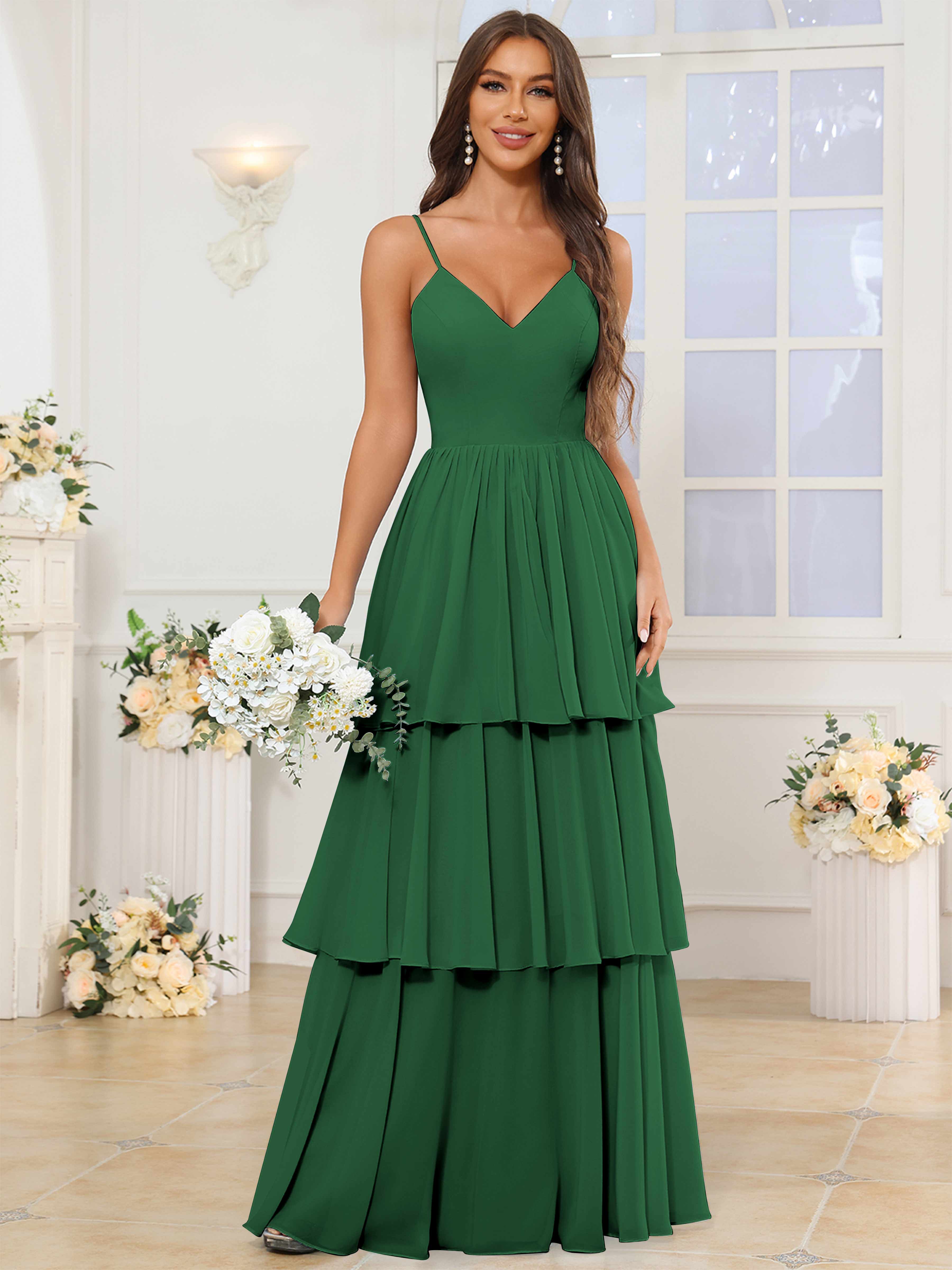 ROVDESY V-Neck Spaghetti Straps Tiered Chiffon Bridesmaid Dress With Ruffles