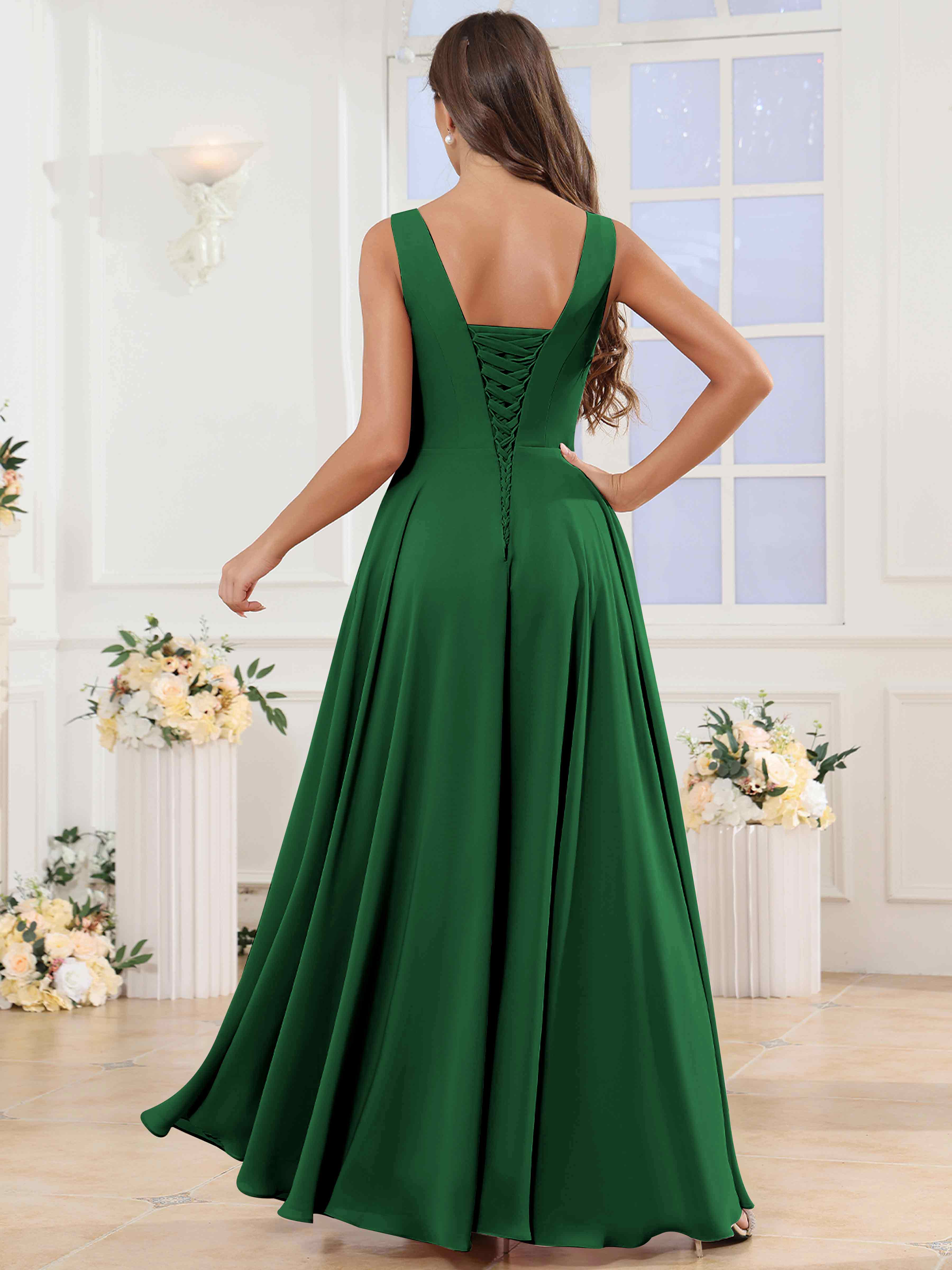 ROVDESY V-Neck Pleated Sleeveless Ruffle Chiffon Bridesmaid Dress With Slit