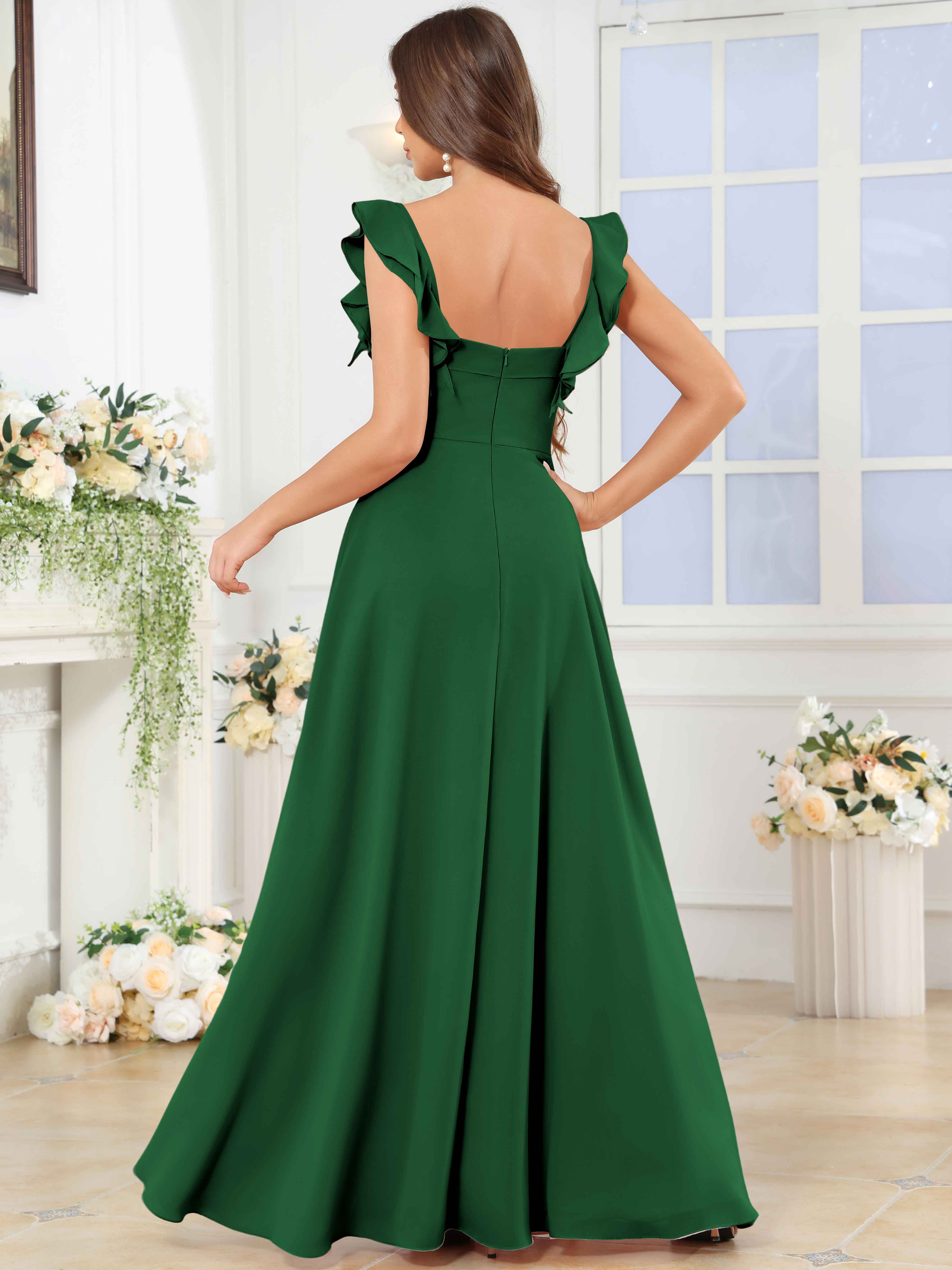 ROVDESY Square Neck Ruffle Chffion Bridesmaid Dress With Slit