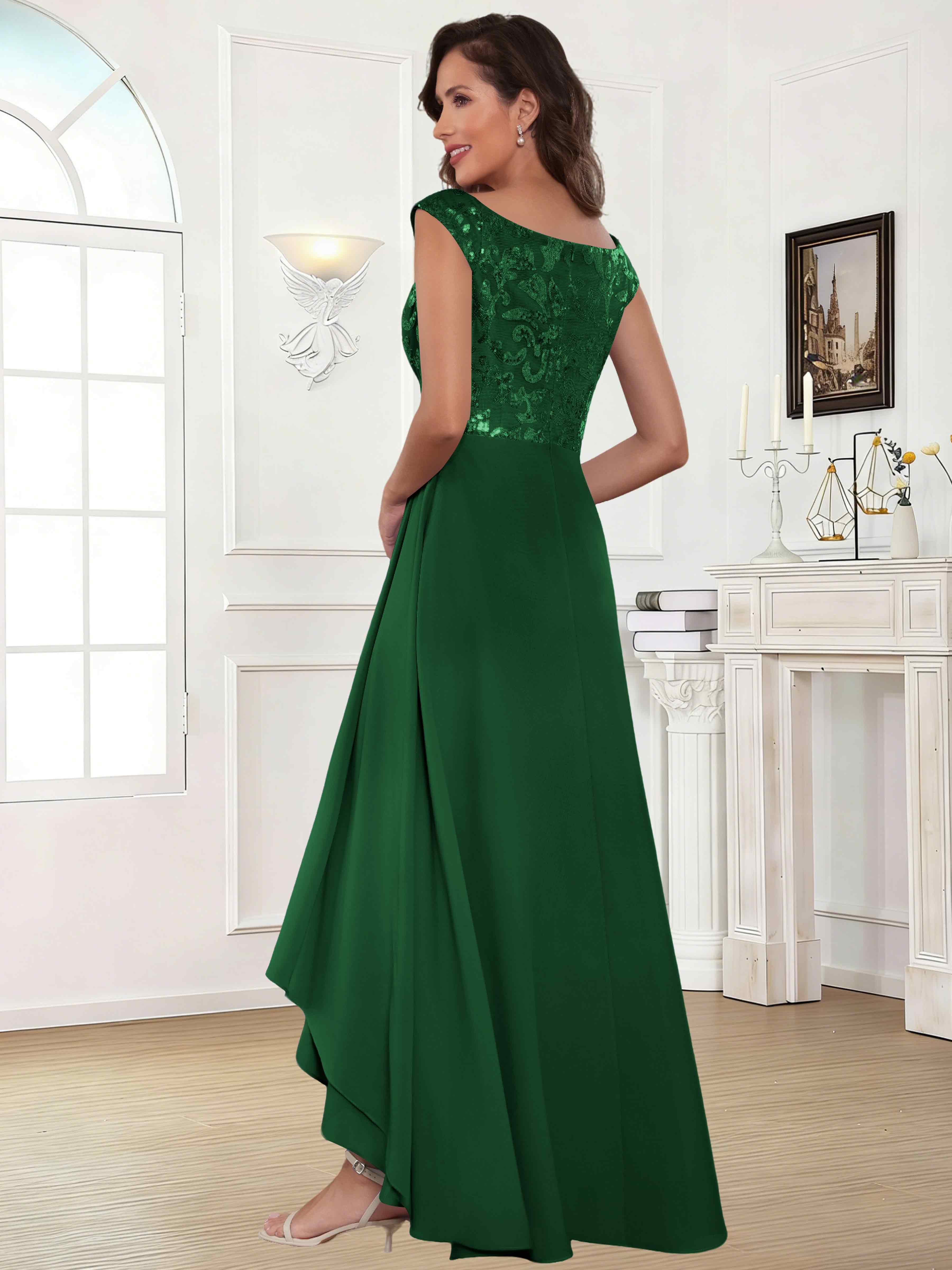 ROVDESY Tea Length Off-The-Shoulder Sequin Chiffon Mother Of The Bride Dress