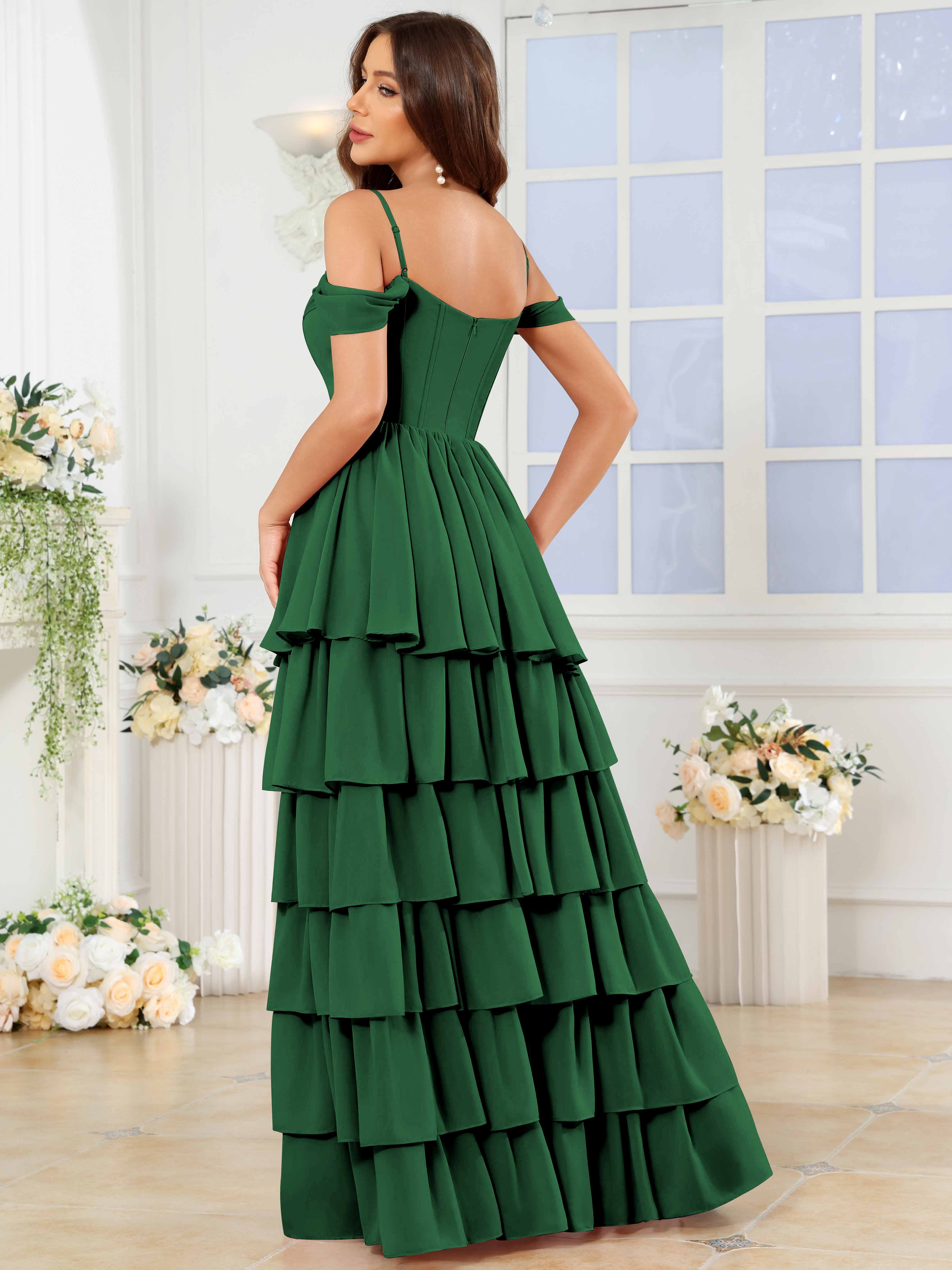 ROVDESY A-Line Off The Shoulder Tiered Chiffon Bridesmaid/Prom Dress With Slit
