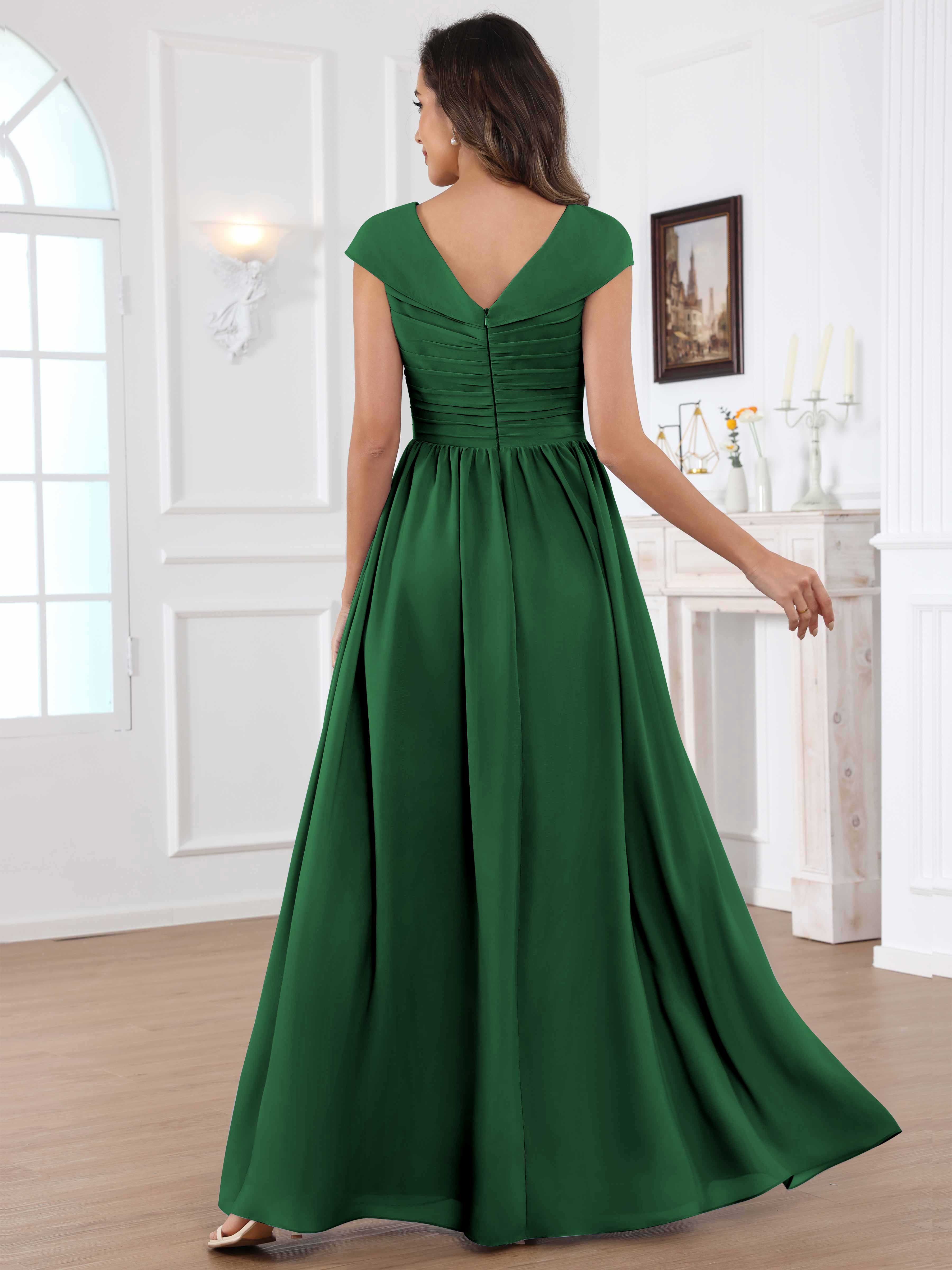 ROVDESY A-Line Cap Sleeves Pleated Chiffon Mother Of The Bride Dress
