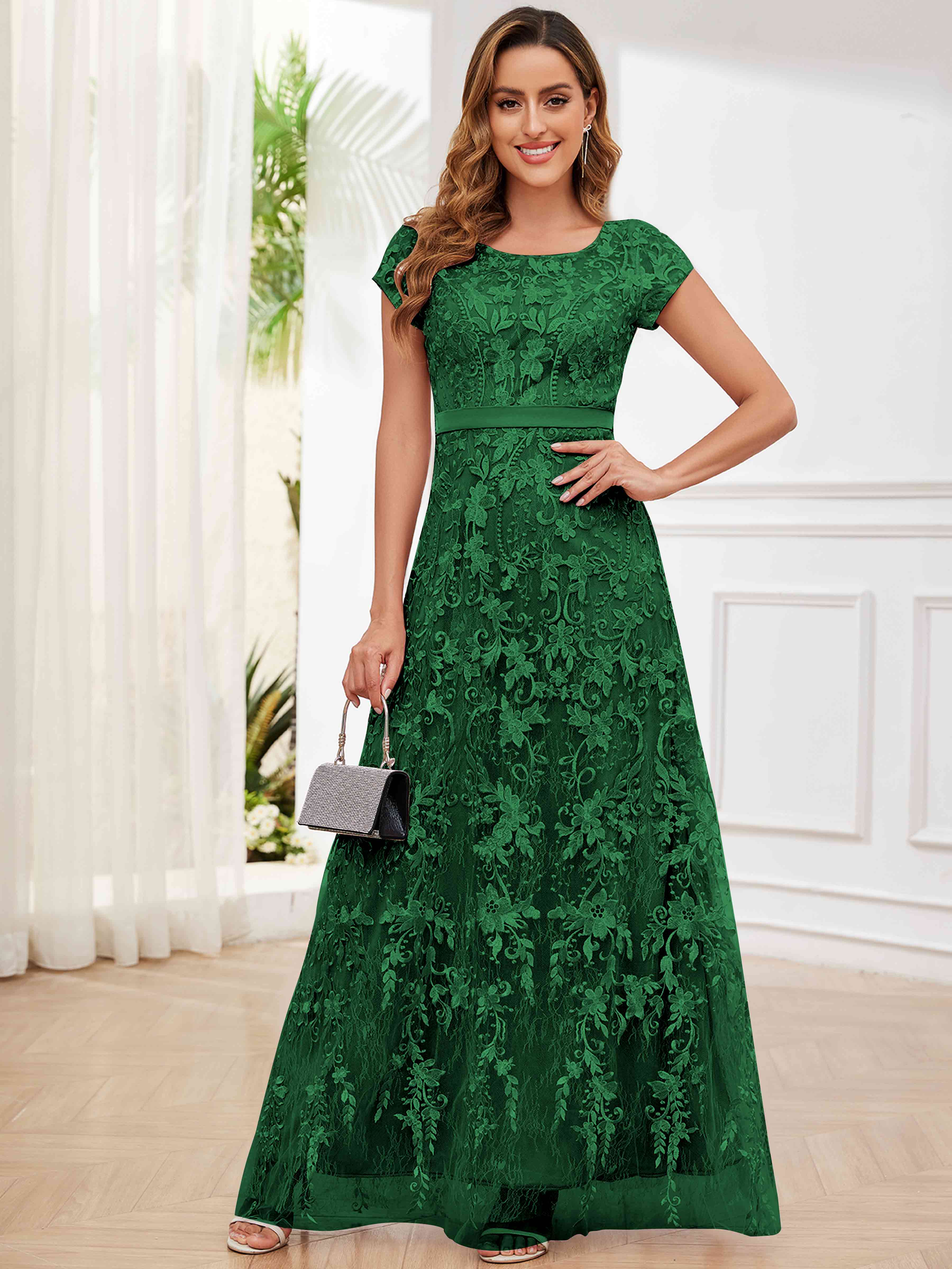 ROVDESY Elegant Lace Mother Of The Bride Dress With Short Sleeves Formal Gown