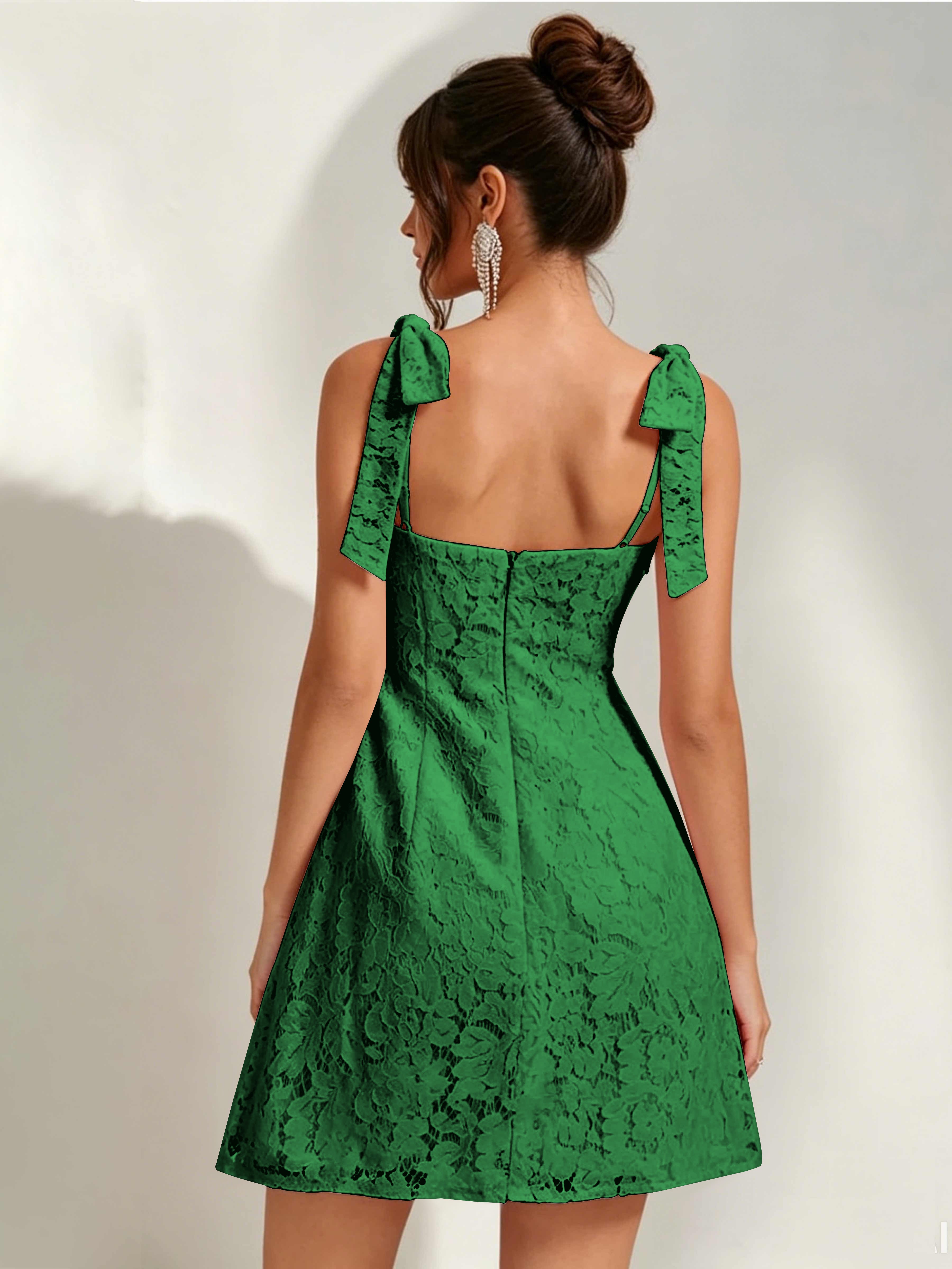 ROVDESY Bow Tie Spaghetti Strap A-Line  Floral Lace Mini Dress