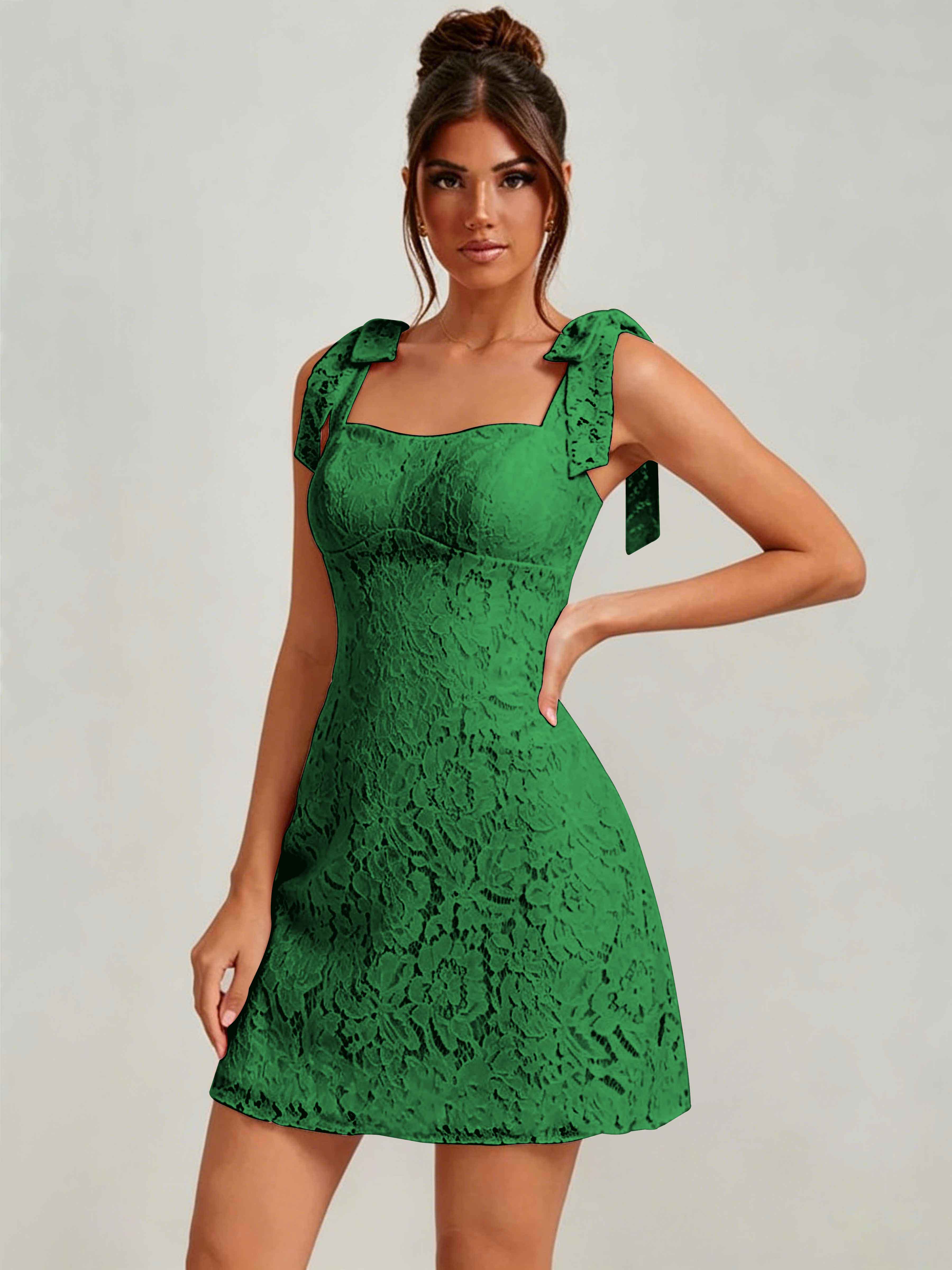 ROVDESY Bow Tie Spaghetti Strap A-Line  Floral Lace Mini Dress