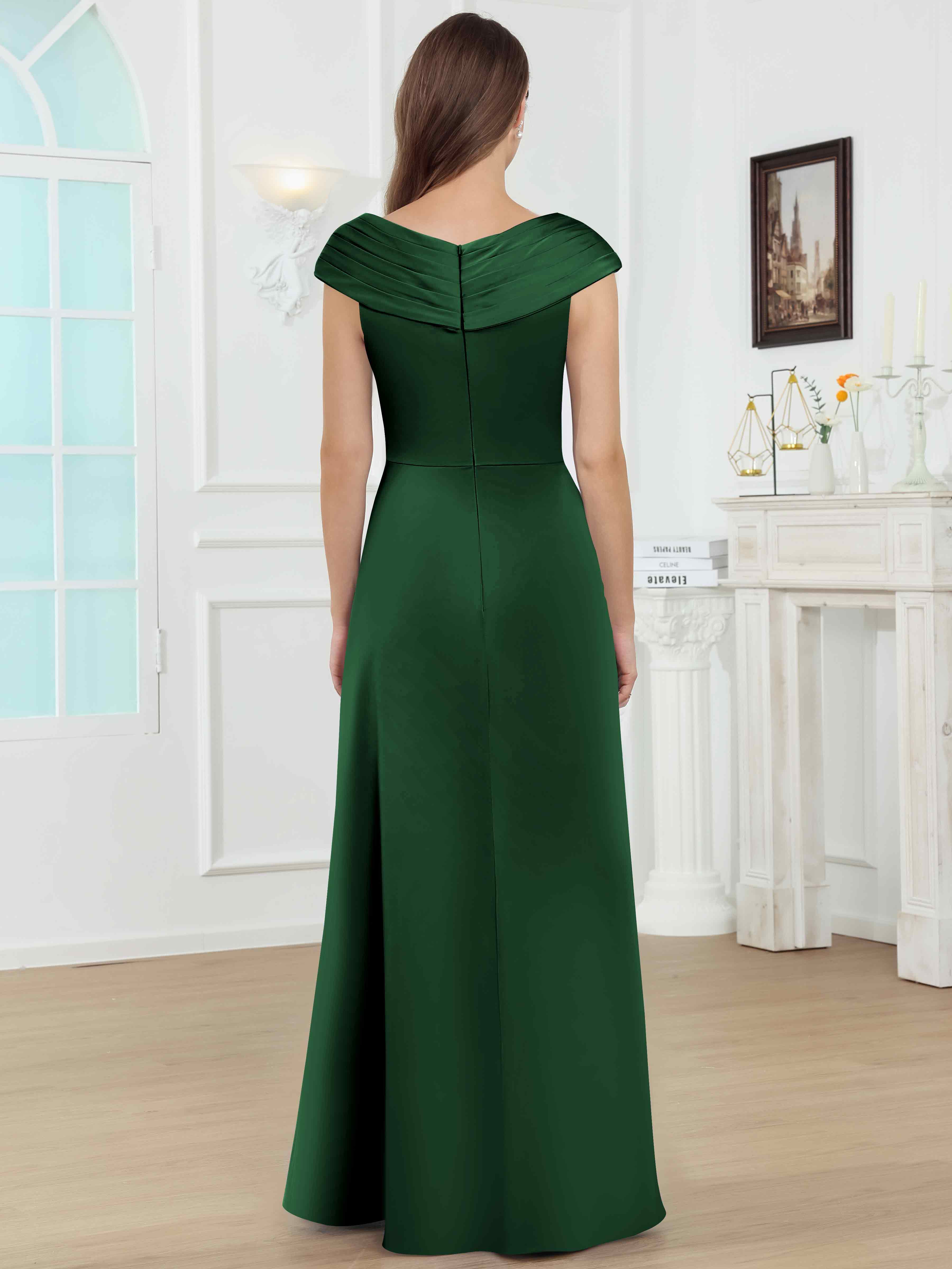 ROVDESY V-Neck Off The Shoulder Pleated Satin Mother Of The Bride Dress With Slit