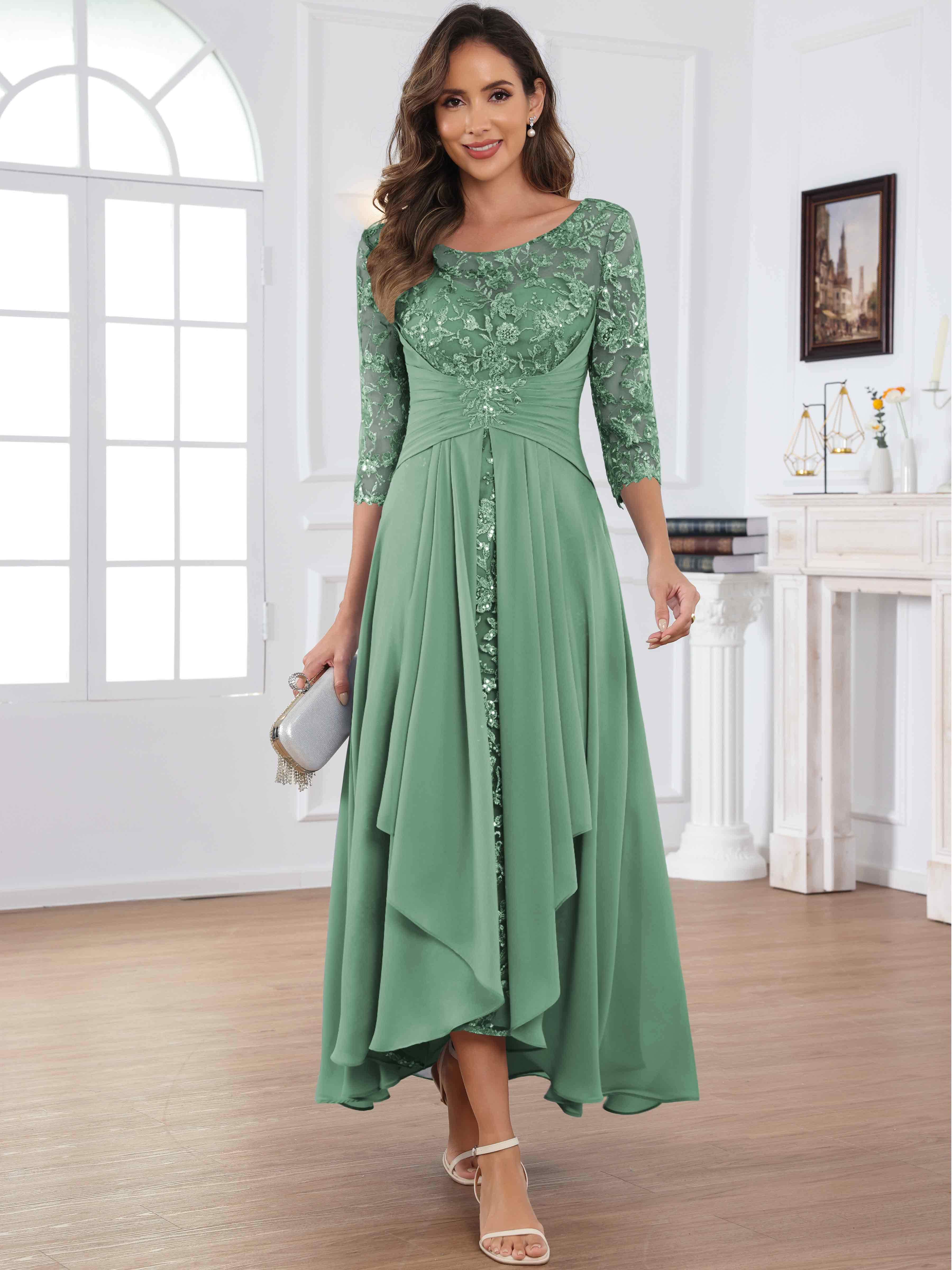 ROVDESY Tea Length Lace Chiffon Mother of The Bride Dress with 3/4 Sleeves