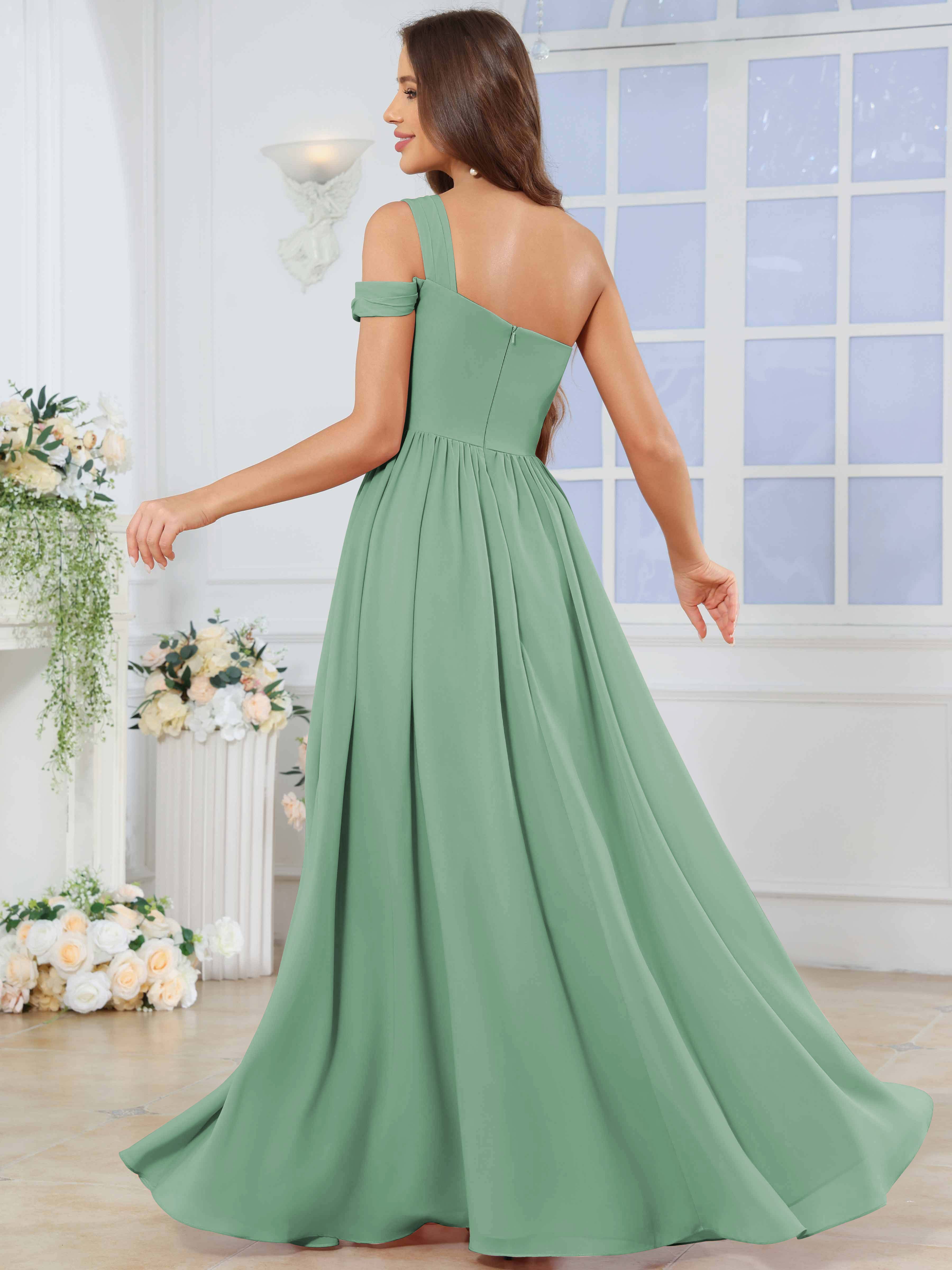 ROVDESY One Shoulder Pleated Chiffon Bridesmaid Dress With Slit