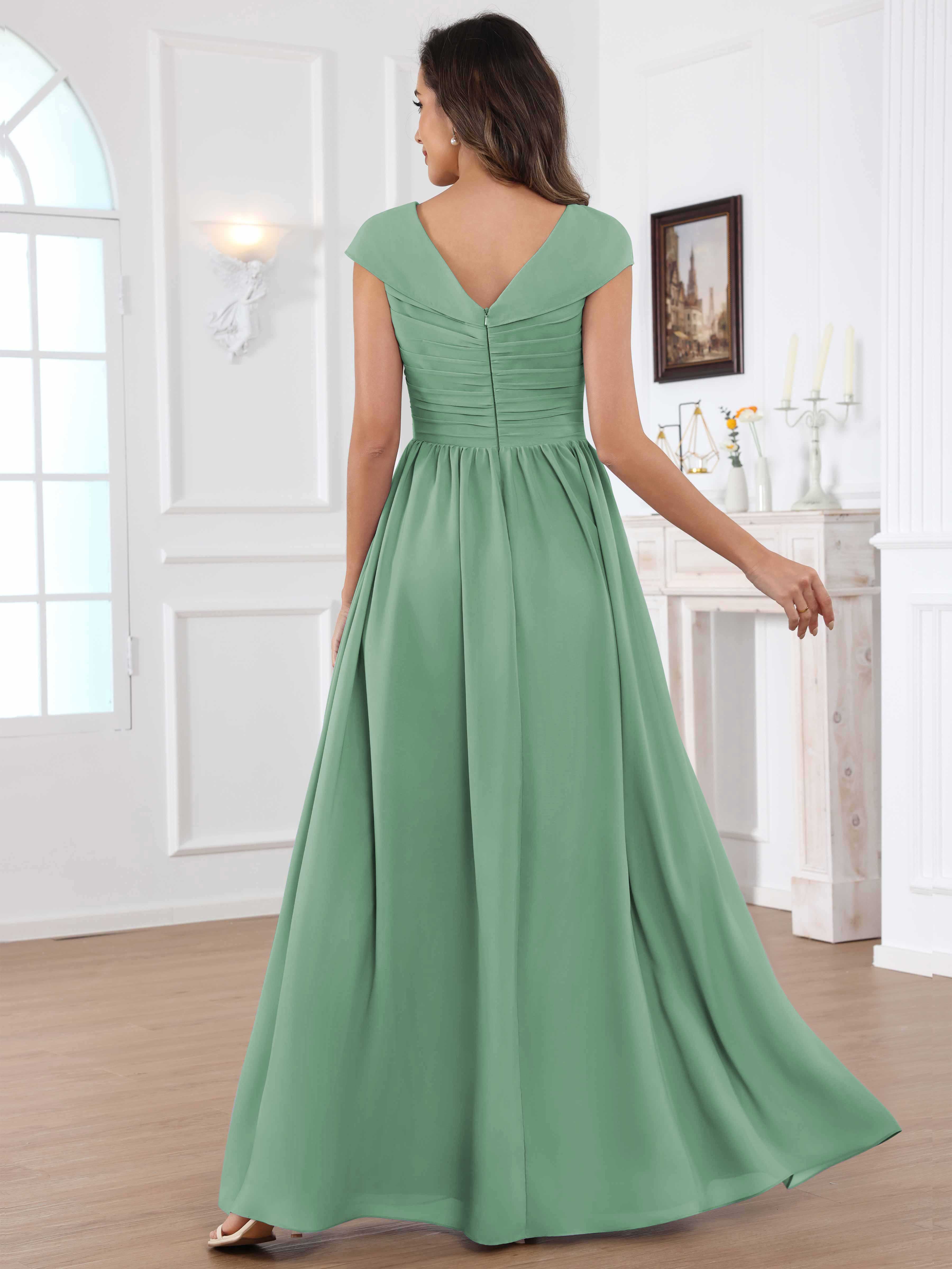 ROVDESY A-Line Cap Sleeves Pleated Chiffon Mother Of The Bride Dress