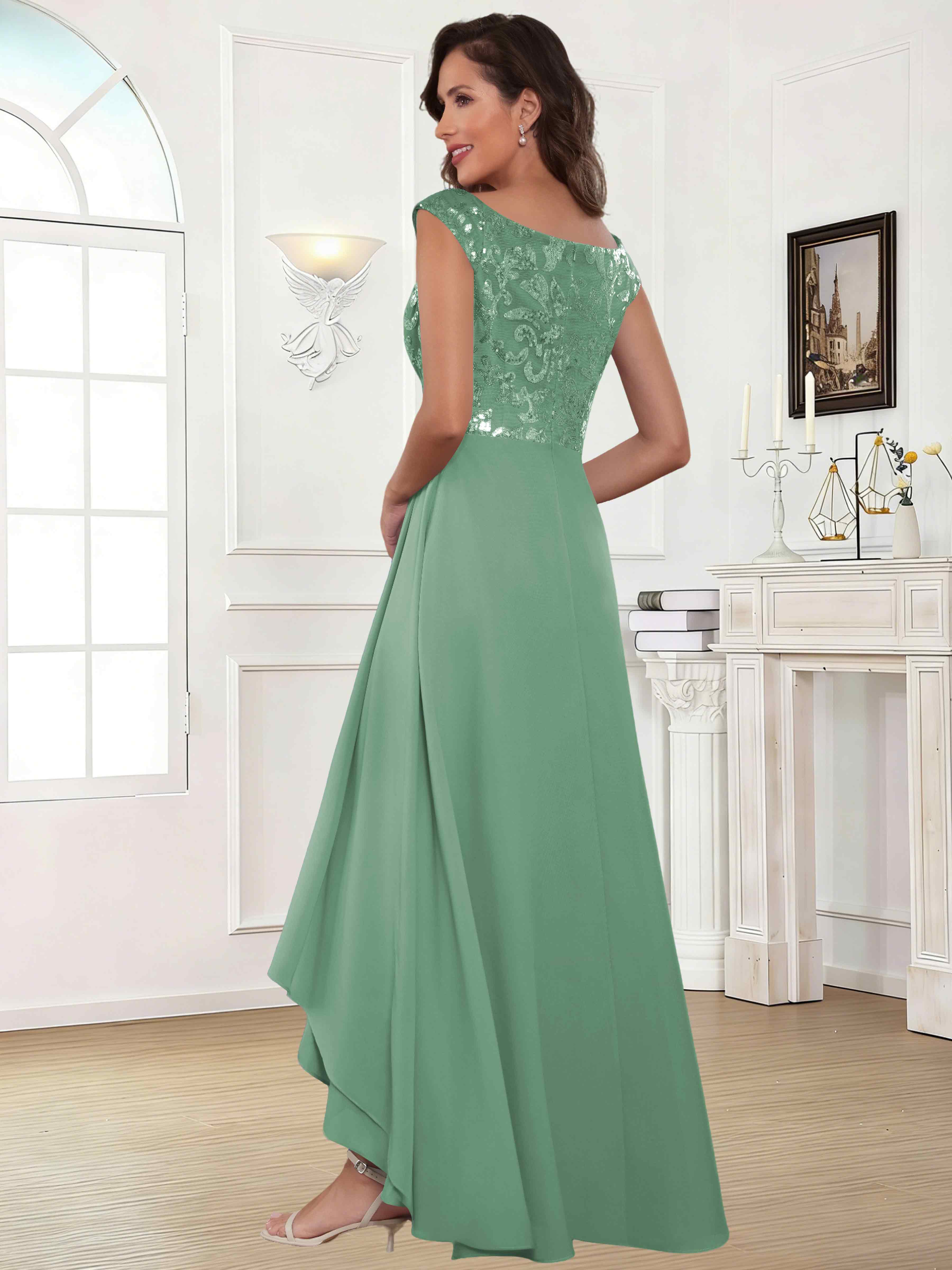 ROVDESY Tea Length Off-The-Shoulder Sequin Chiffon Mother Of The Bride Dress