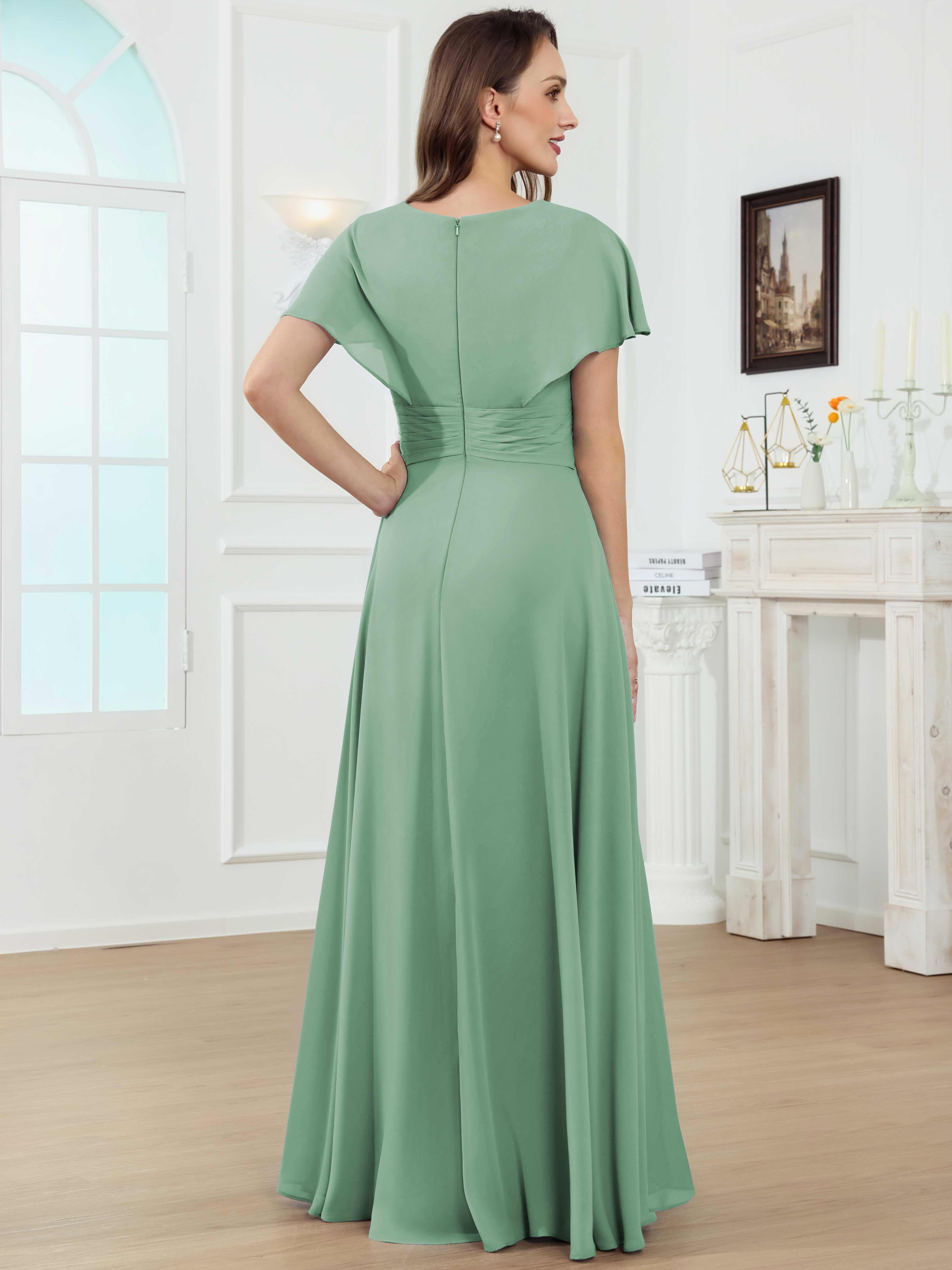 ROVDESY A-Line V-Neck Pleated Lace Chiffon Mother Of The Bride Dress With Short Sleeves