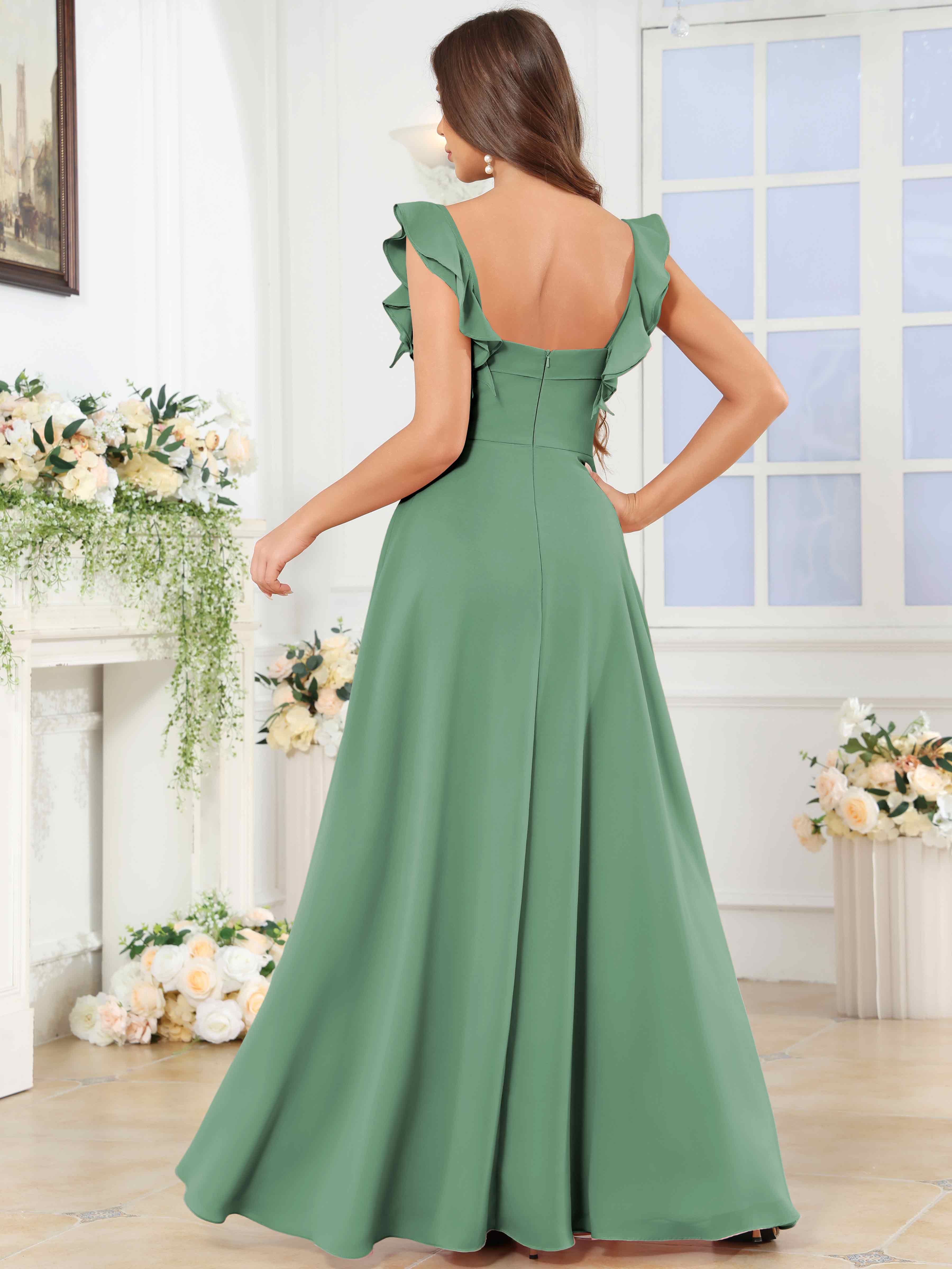ROVDESY Square Neck Ruffle Chffion Bridesmaid Dress With Slit