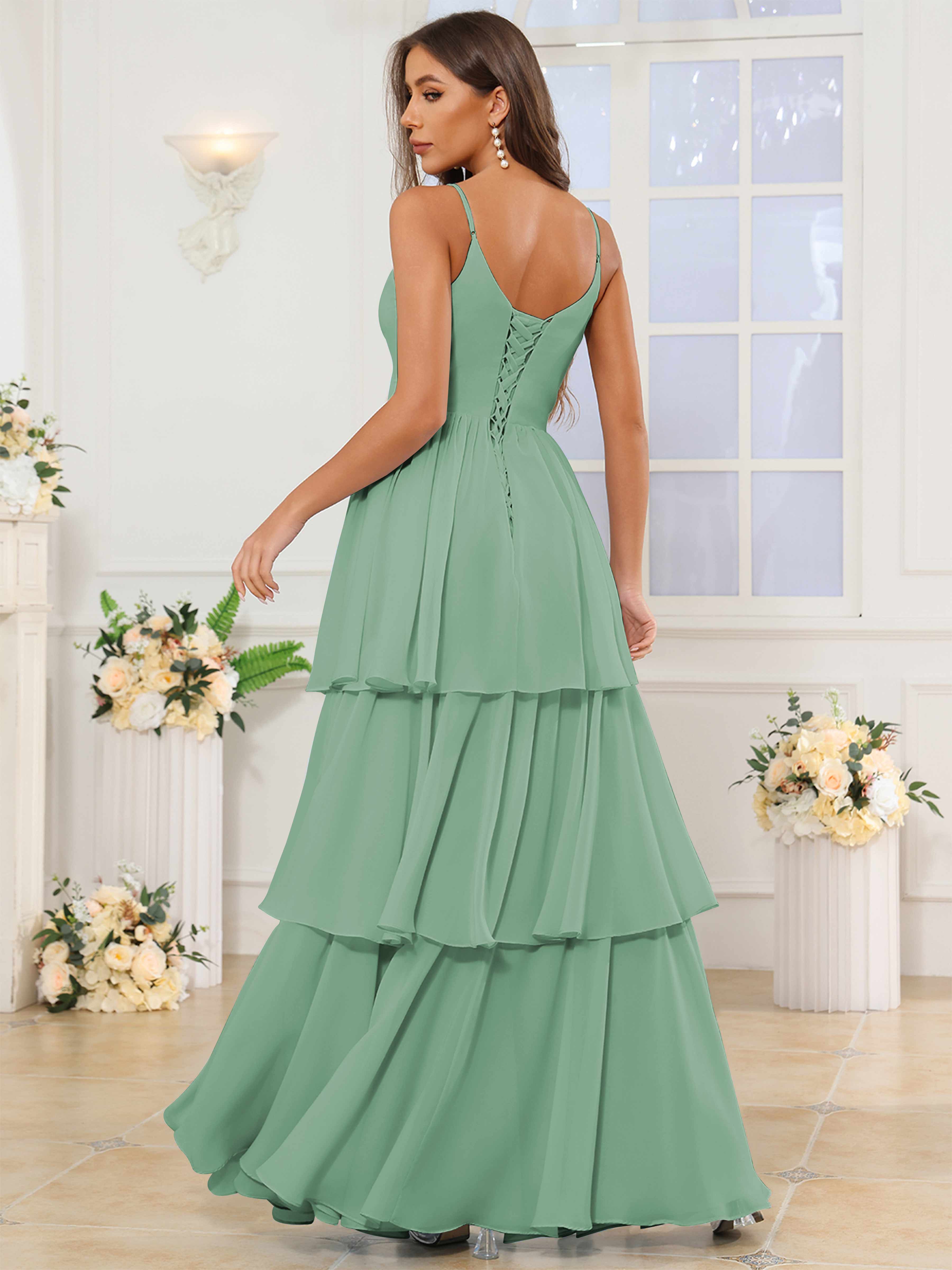 ROVDESY V-Neck Spaghetti Straps Tiered Chiffon Bridesmaid Dress With Ruffles