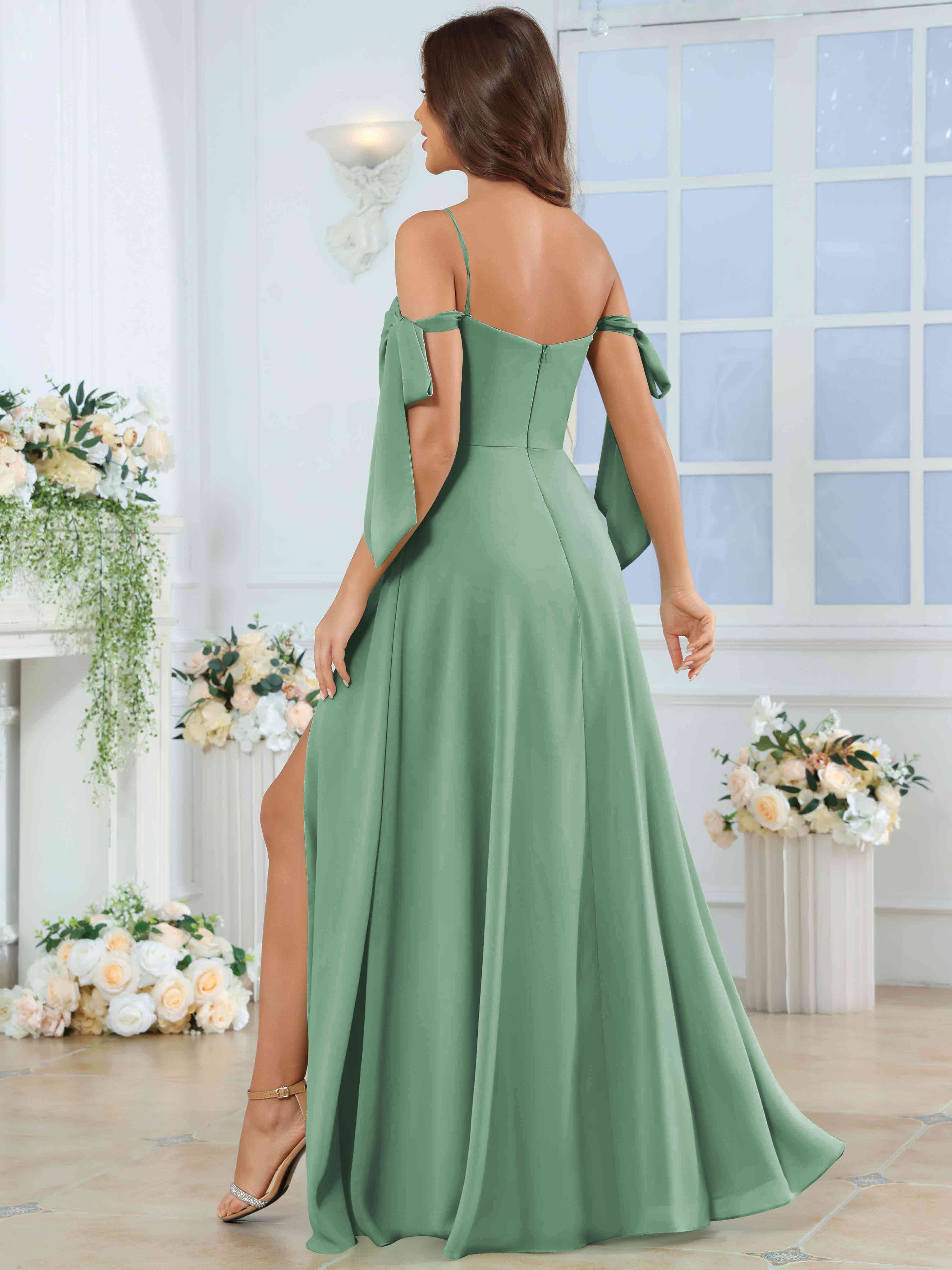 ROVDESY Spaghetti Strap Pleated Ruffle Slit Chiffon Bridesmaid Dress With Bow Sleeves