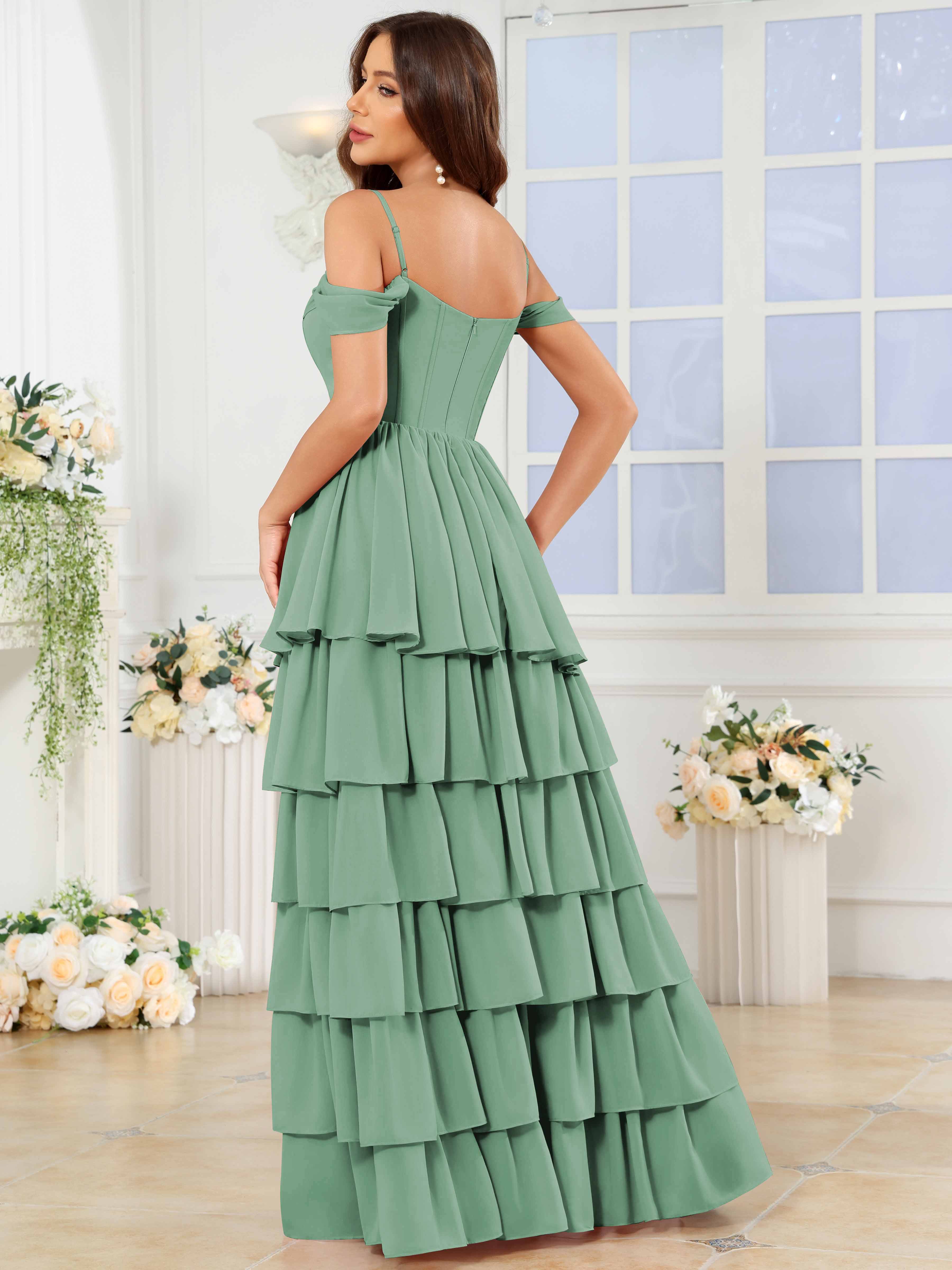 ROVDESY A-Line Off The Shoulder Tiered Chiffon Bridesmaid/Prom Dress With Slit