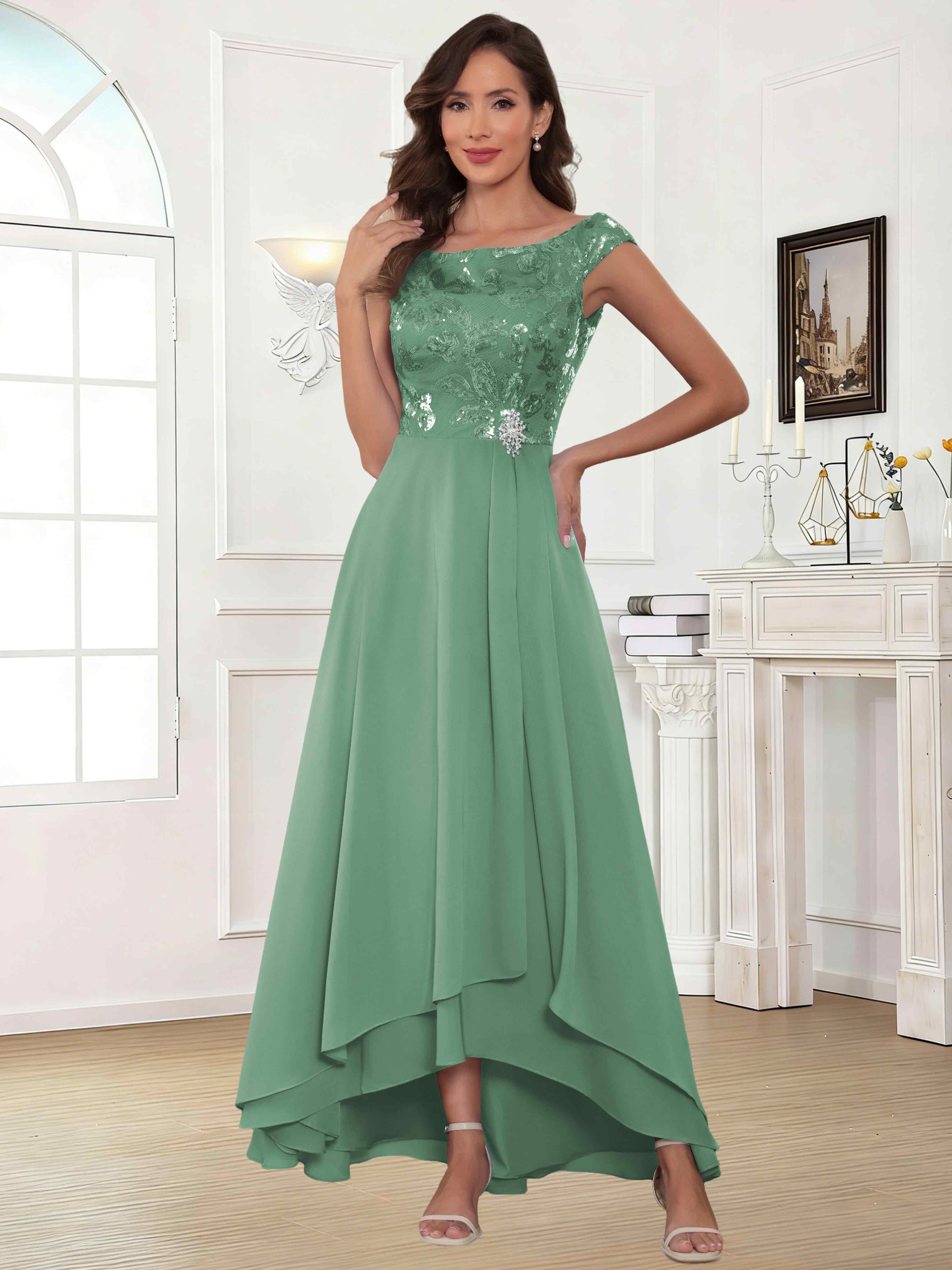 ROVDESY Tea Length Off-The-Shoulder Sequin Chiffon Mother Of The Bride Dress