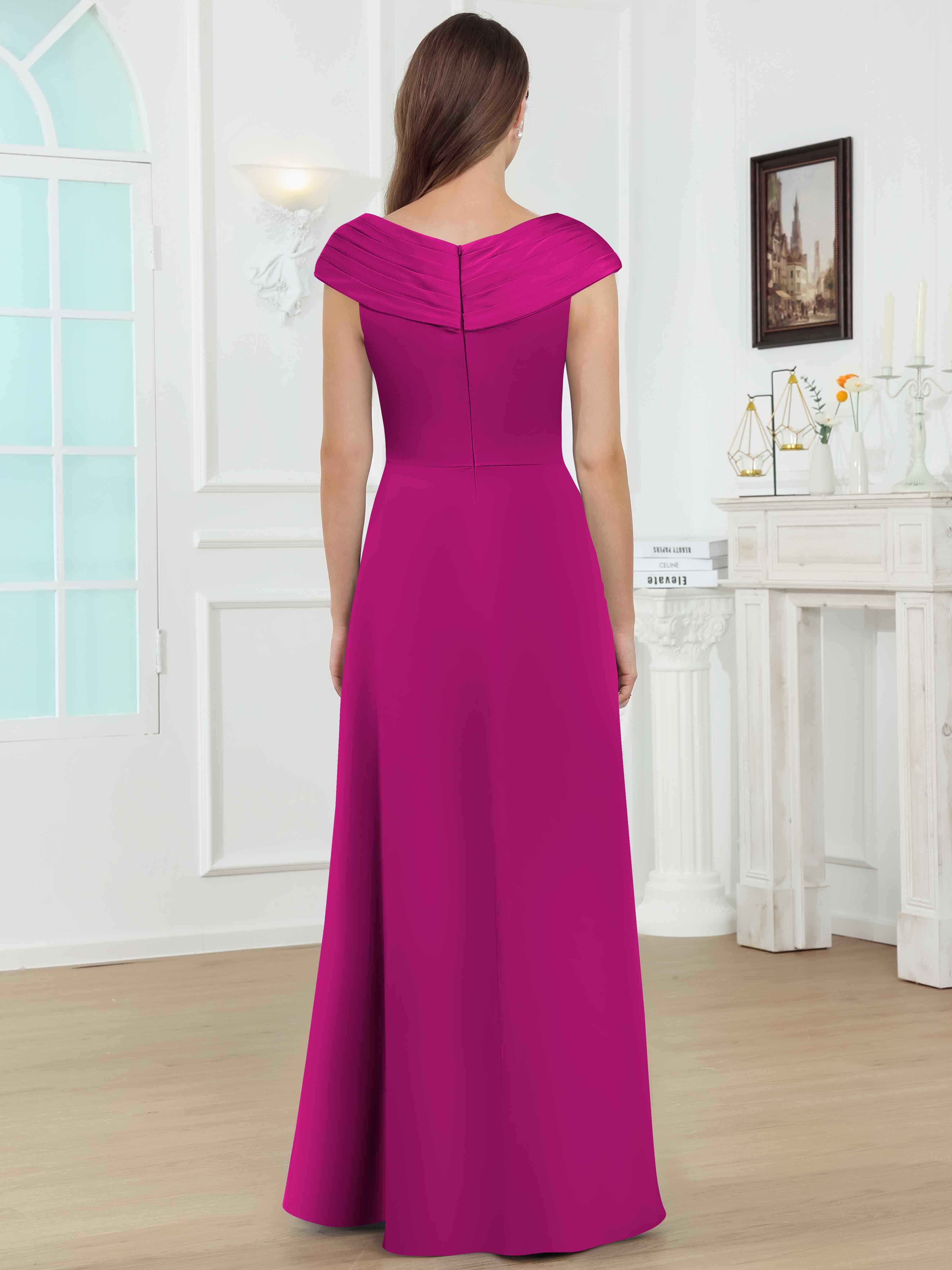 ROVDESY V-Neck Off The Shoulder Pleated Satin Mother Of The Bride Dress With Slit