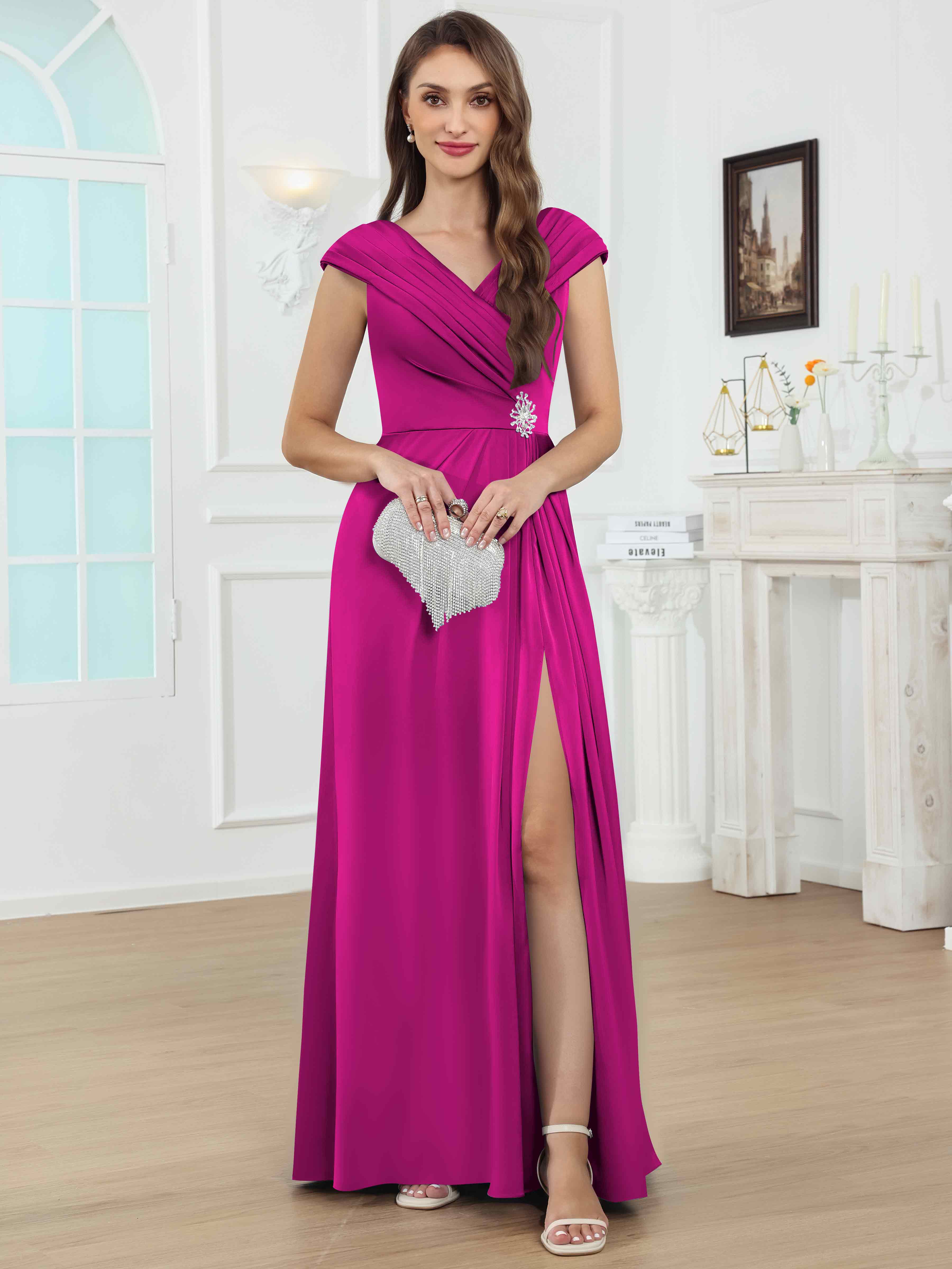 ROVDESY V-Neck Off The Shoulder Pleated Satin Mother Of The Bride Dress With Slit
