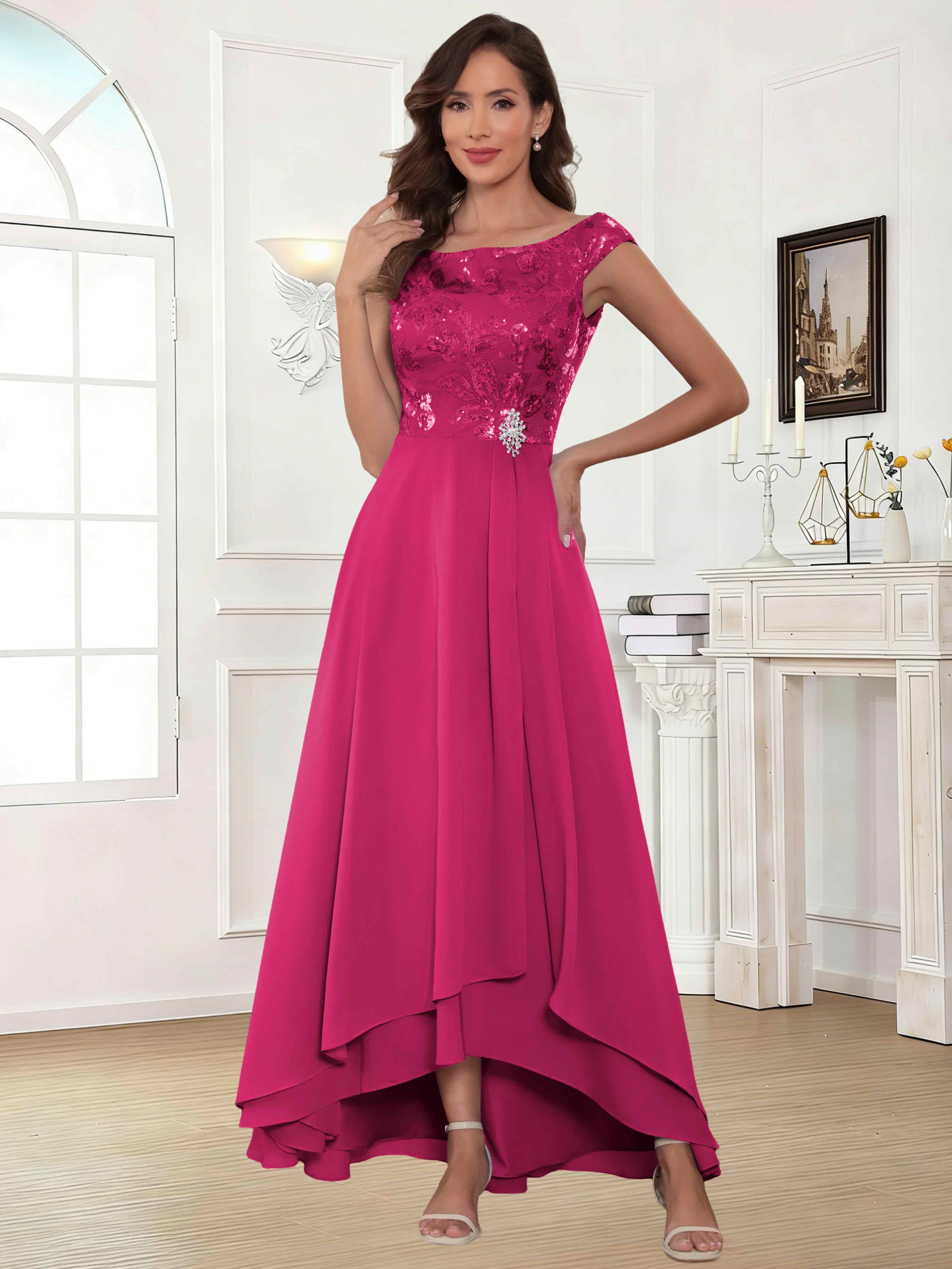 ROVDESY Tea Length Off-The-Shoulder Sequin Chiffon Mother Of The Bride Dress
