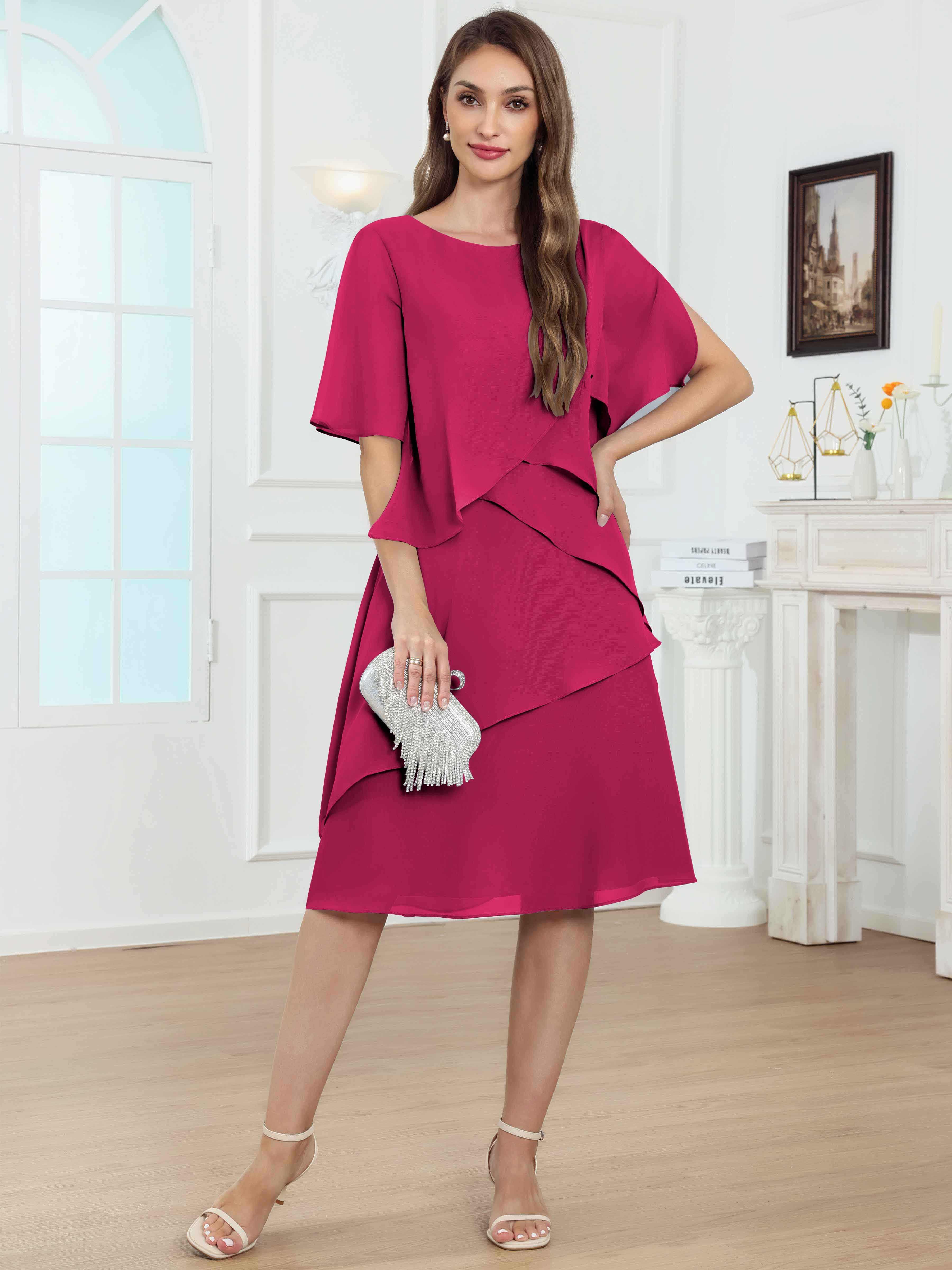 ROVDESY Knee Length Tiered Ruffle Chiffon Mother Of The Bride Dress With Half Sleeves