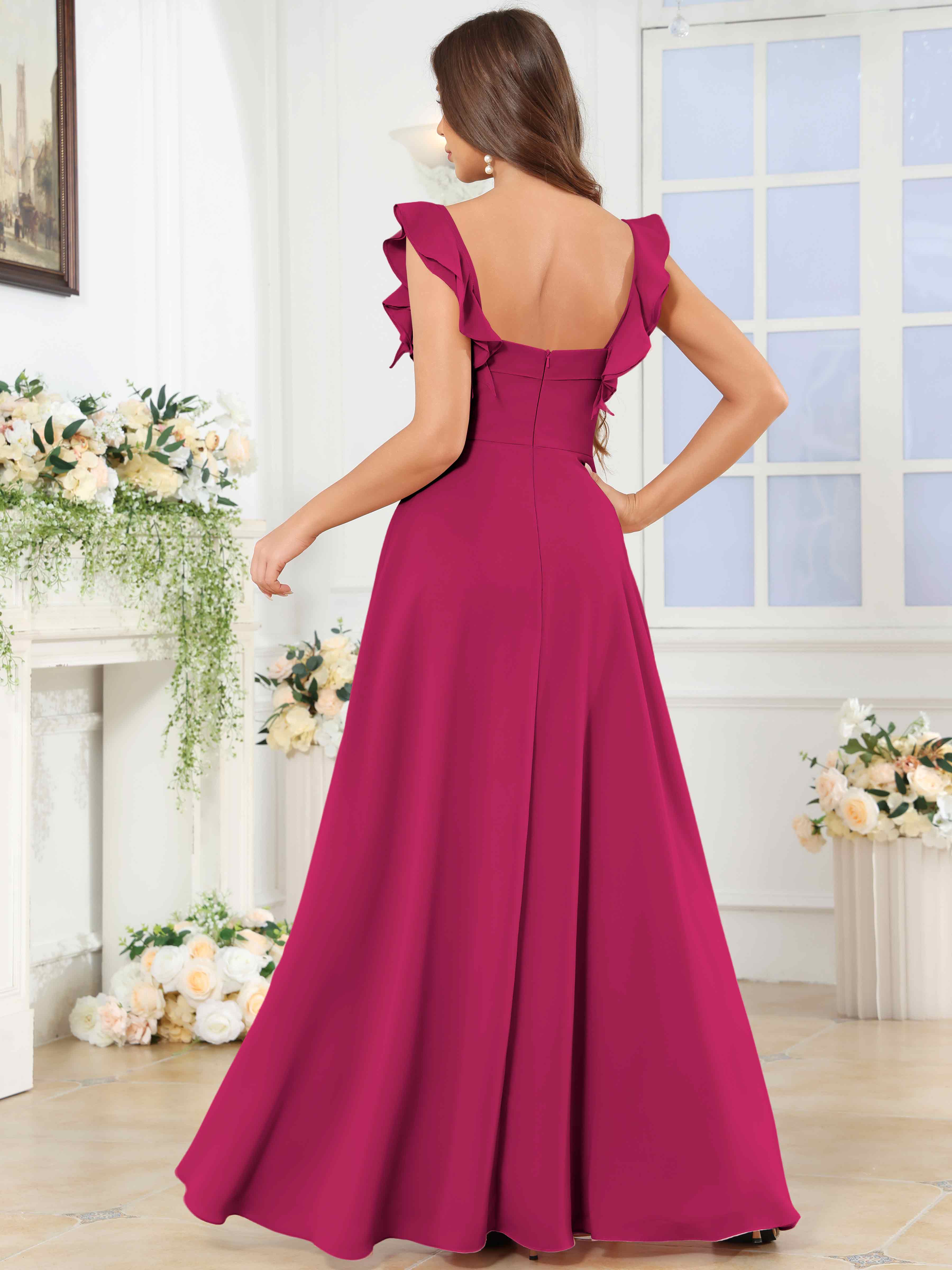 ROVDESY Square Neck Ruffle Chffion Bridesmaid Dress With Slit