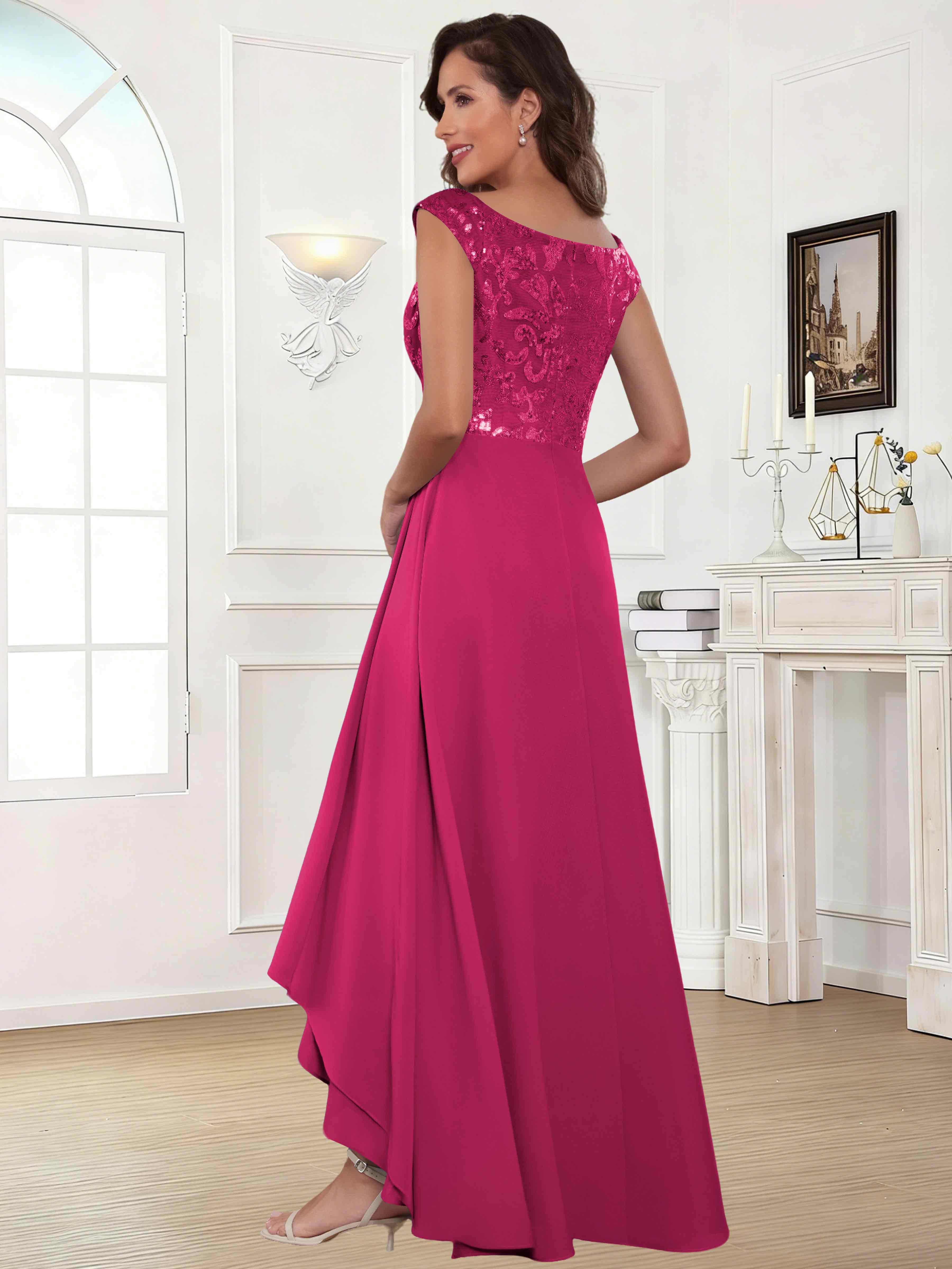 ROVDESY Tea Length Off-The-Shoulder Sequin Chiffon Mother Of The Bride Dress