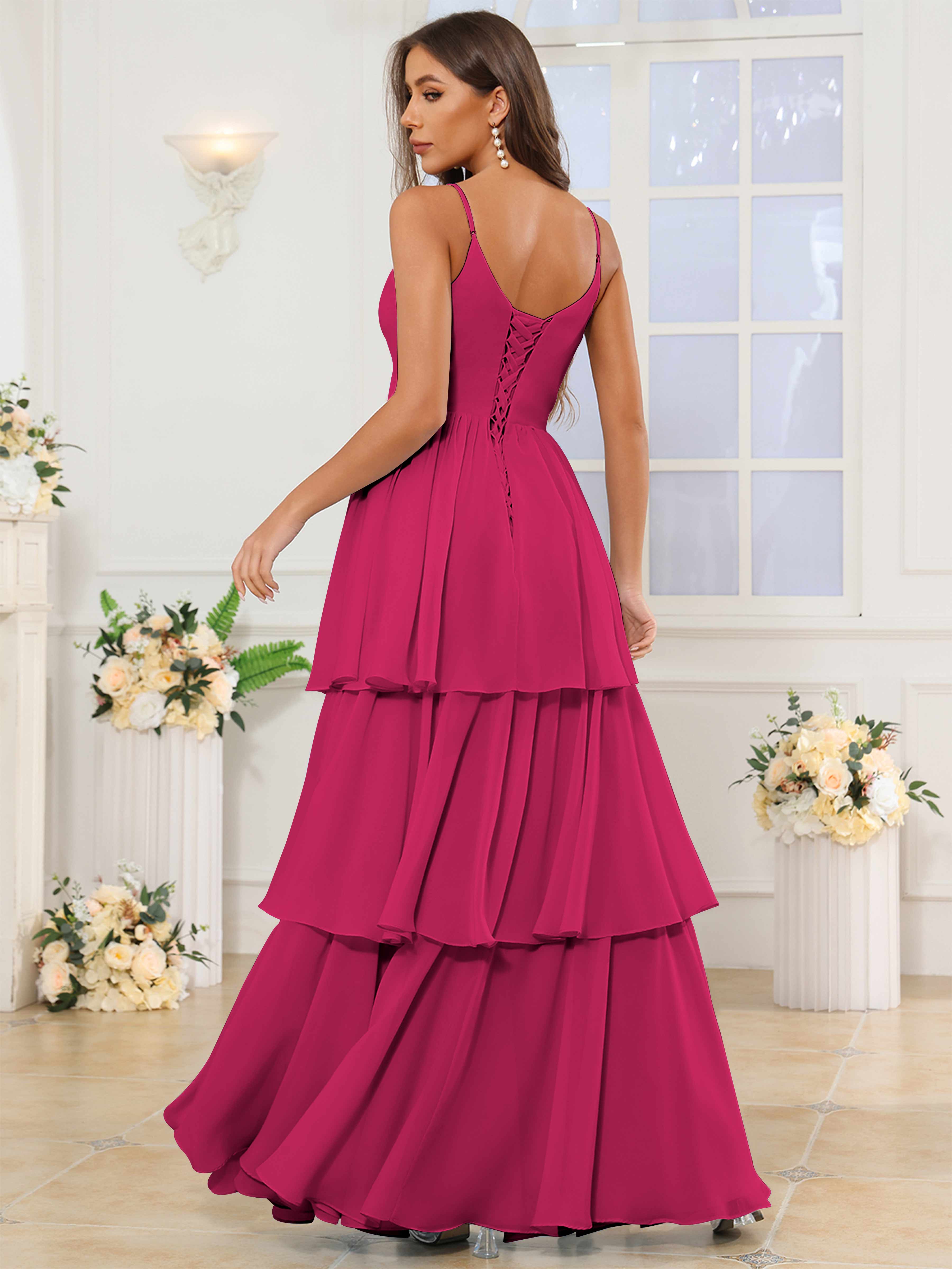 ROVDESY V-Neck Spaghetti Straps Tiered Chiffon Bridesmaid Dress With Ruffles