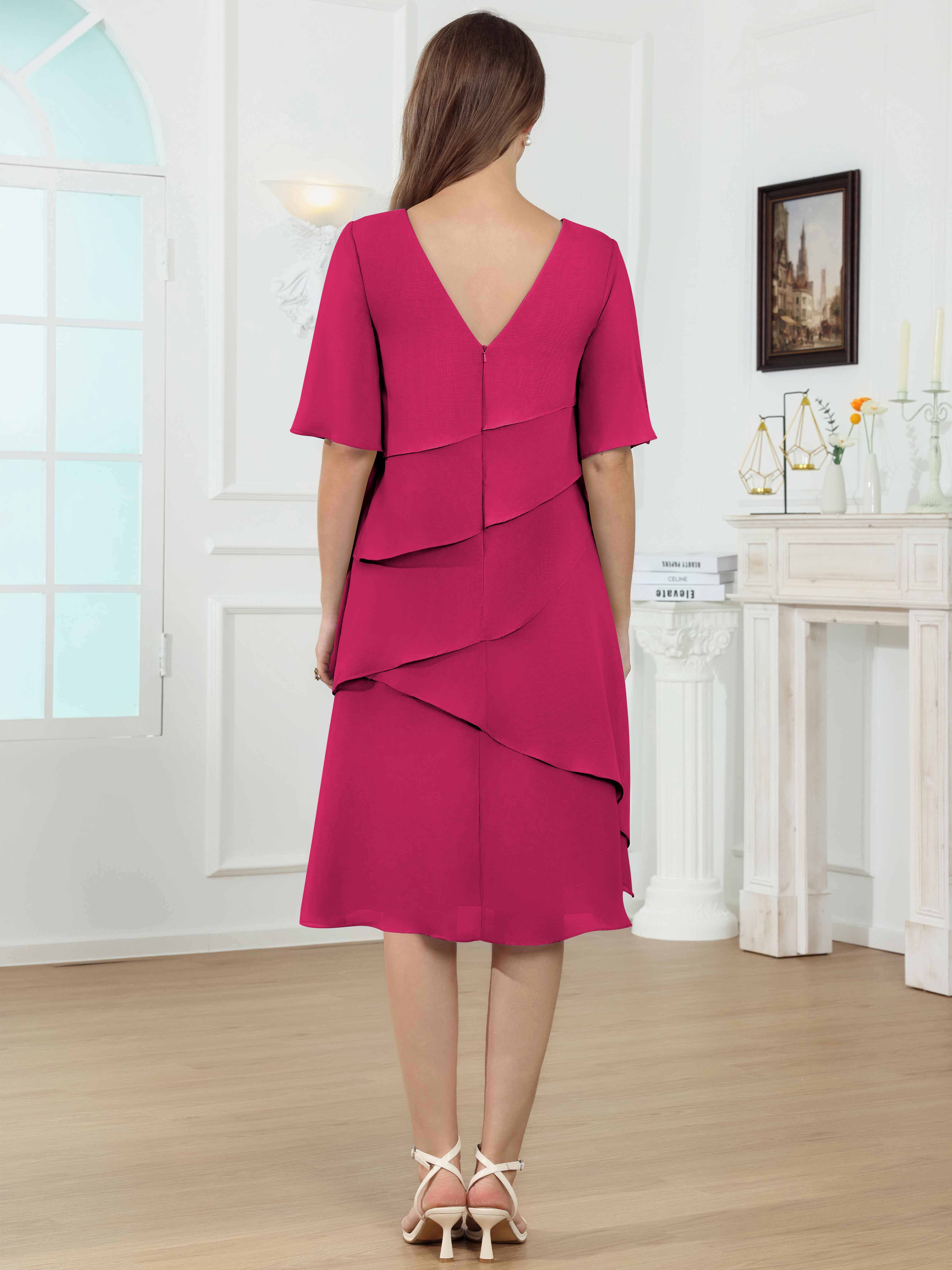 ROVDESY Knee Length Tiered Ruffle Chiffon Mother Of The Bride Dress With Half Sleeves