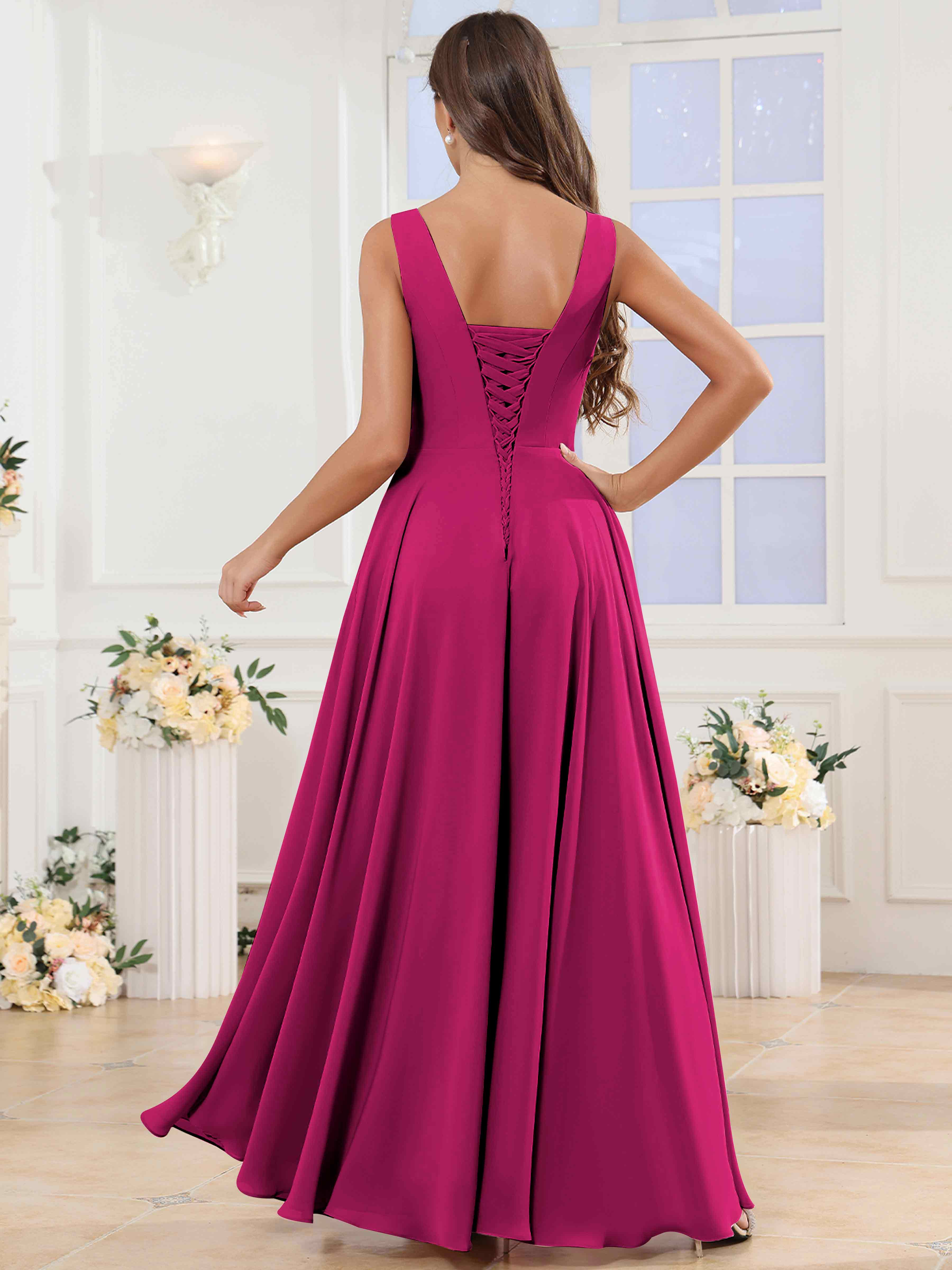 ROVDESY V-Neck Pleated Sleeveless Ruffle Chiffon Bridesmaid Dress With Slit