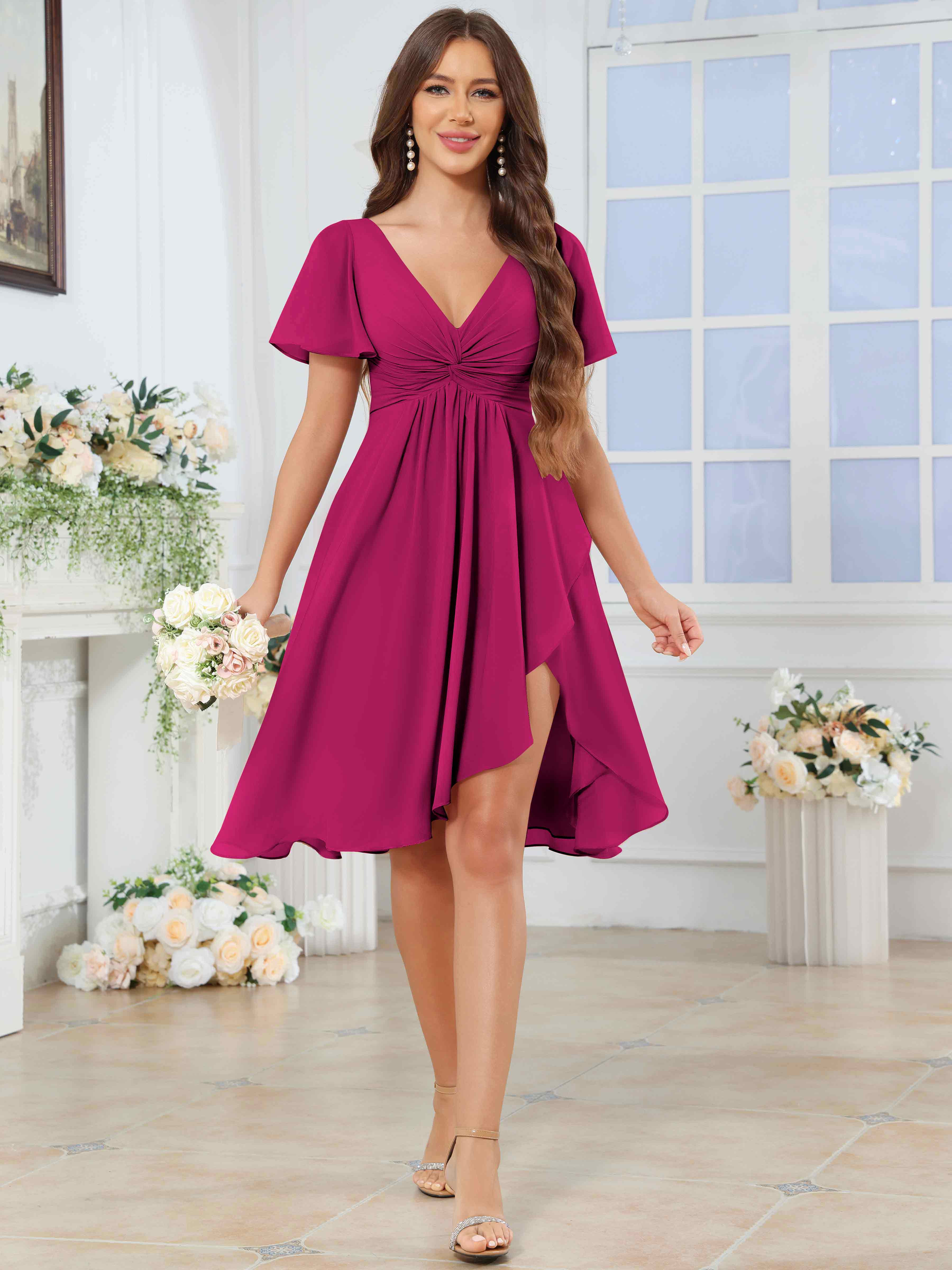 ROVDESY Knee Length V-Neck Pleated Chiffon Bridesmaid Dress With Short Sleeves