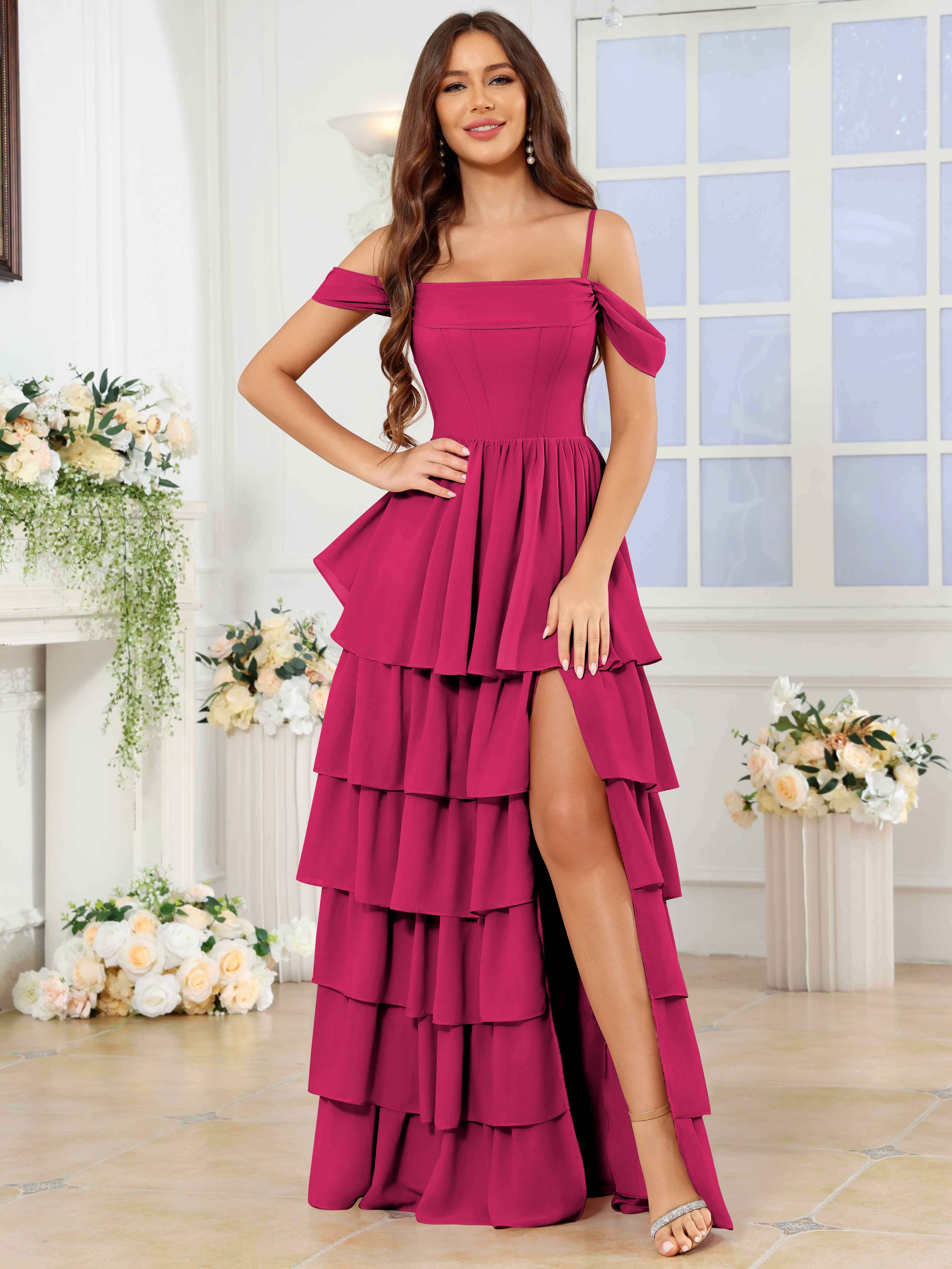 ROVDESY A-Line Off The Shoulder Tiered Chiffon Bridesmaid/Prom Dress With Slit