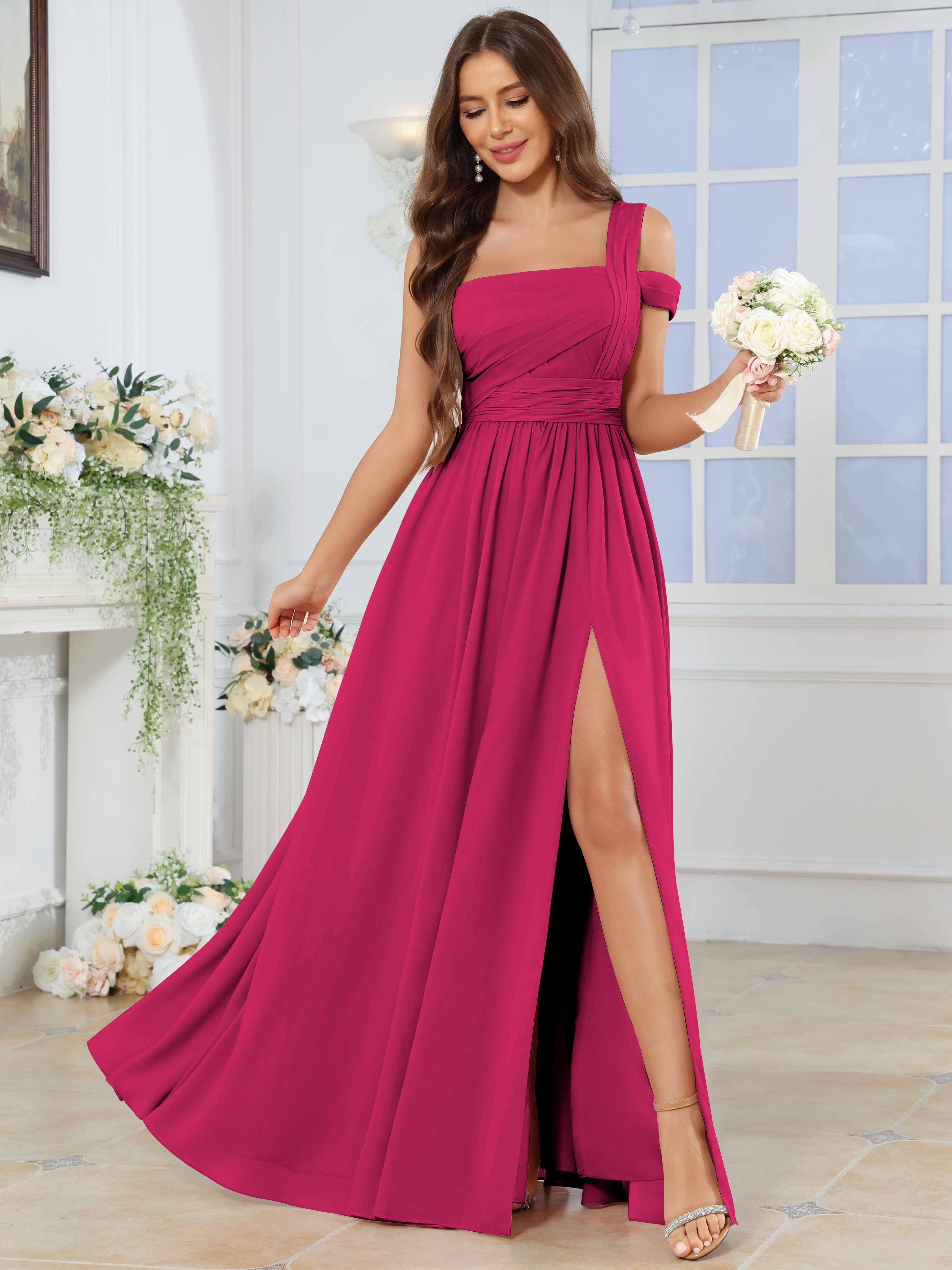 ROVDESY One Shoulder Pleated Chiffon Bridesmaid Dress With Slit