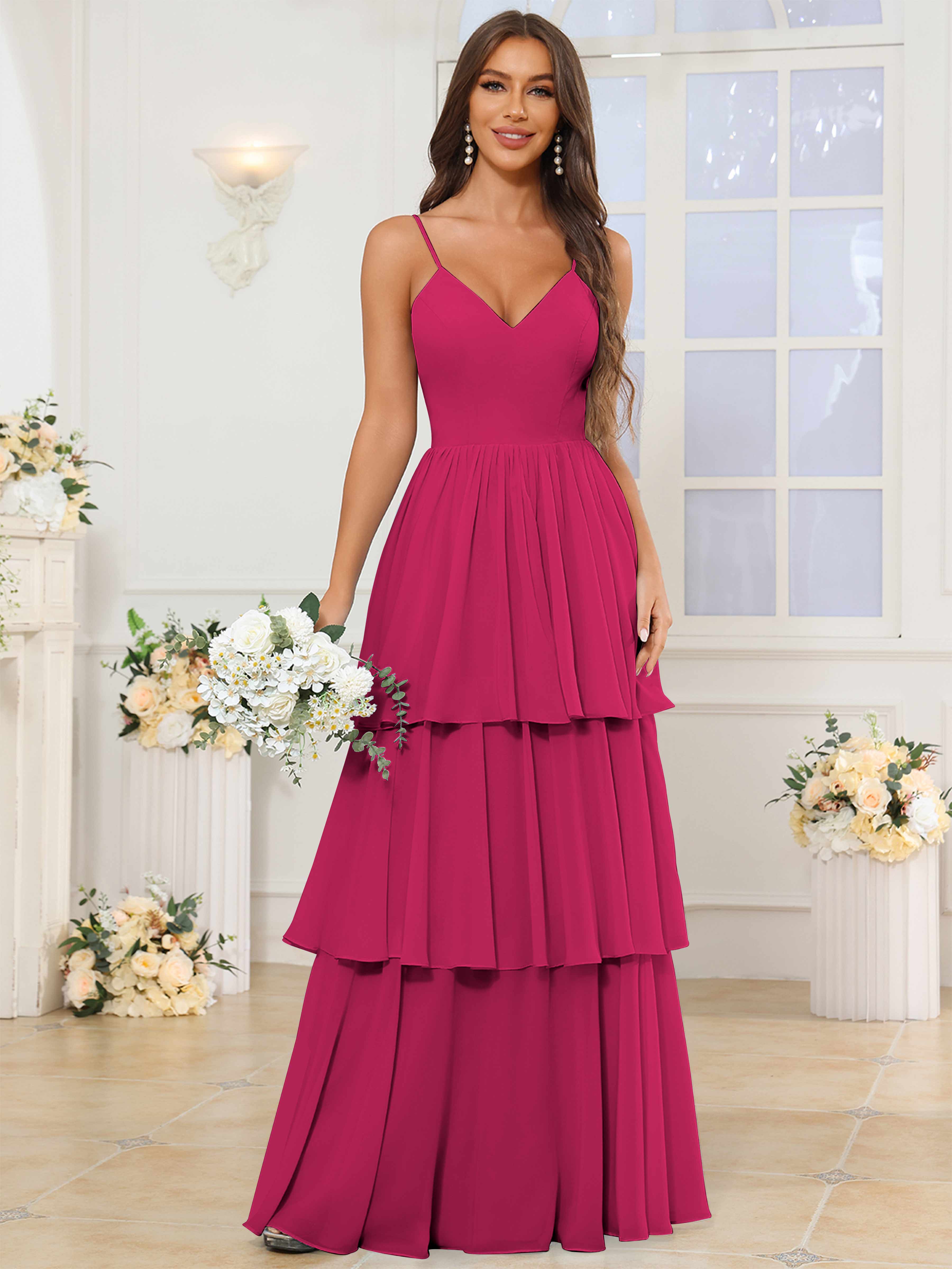 ROVDESY V-Neck Spaghetti Straps Tiered Chiffon Bridesmaid Dress With Ruffles