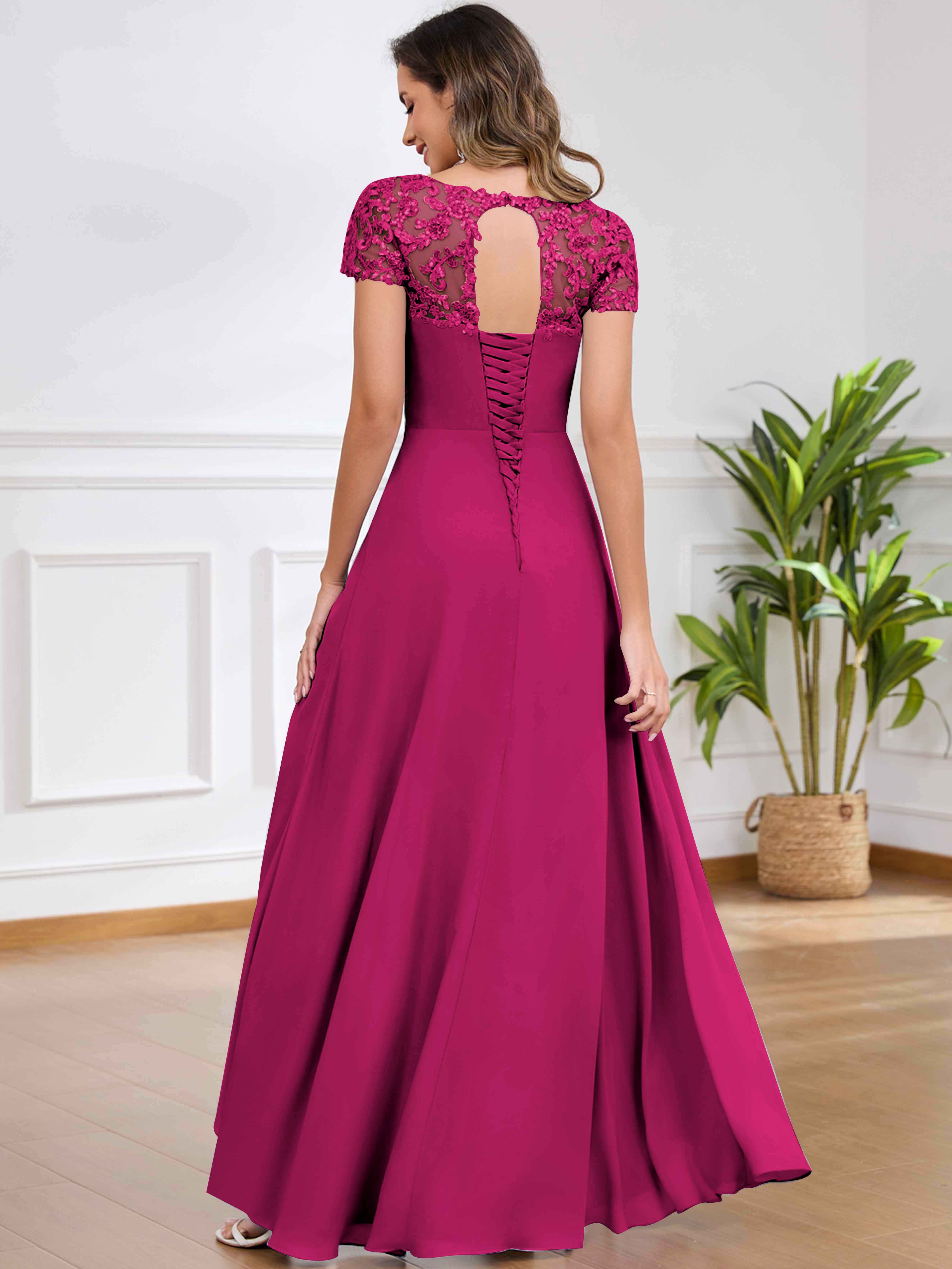 ROVDESY A-Line Pleated Lace Sequin Ruffle Chiffon Mother Of The Bride Dress With Slit