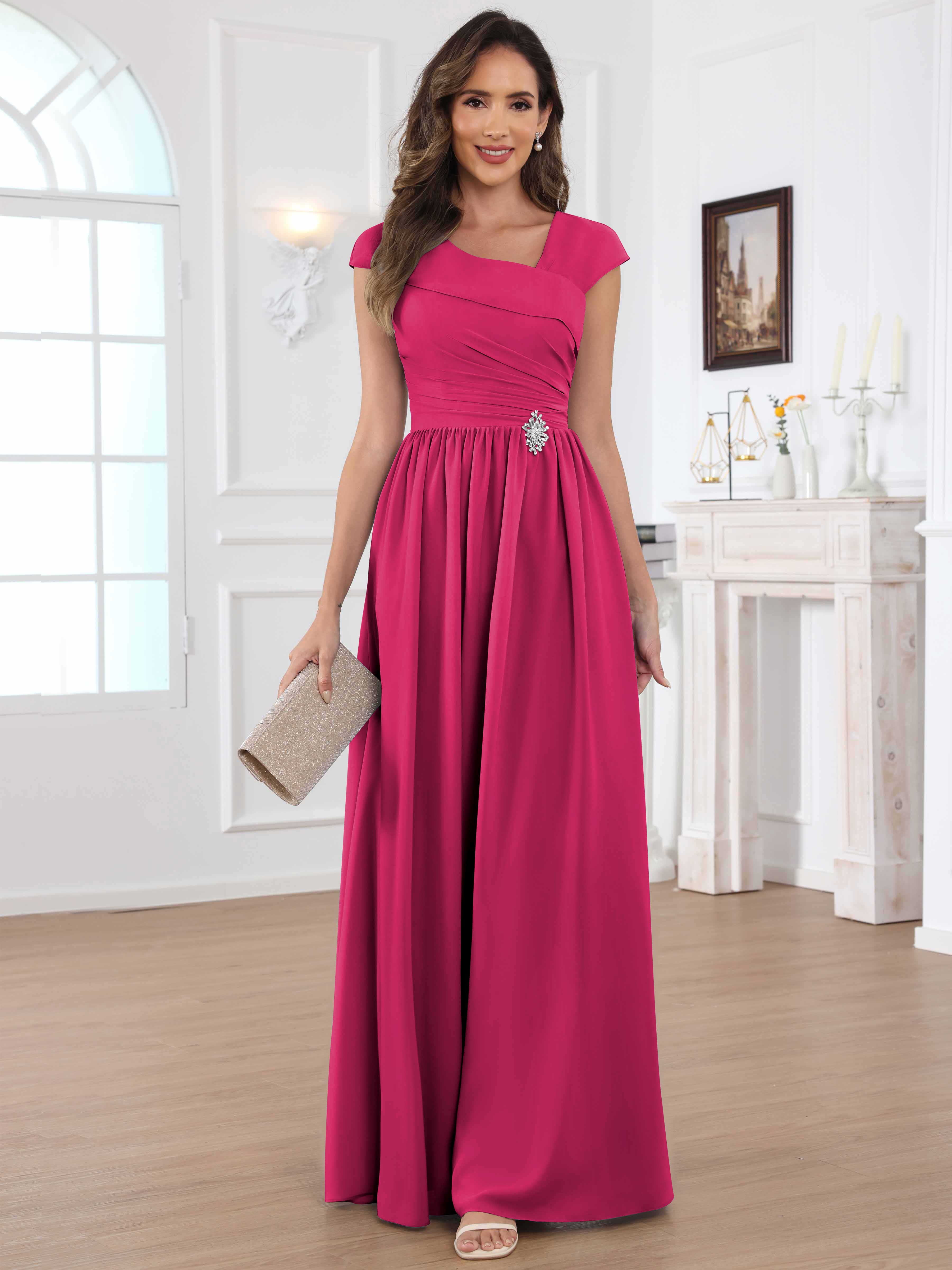 ROVDESY A-Line Cap Sleeves Pleated Chiffon Mother Of The Bride Dress