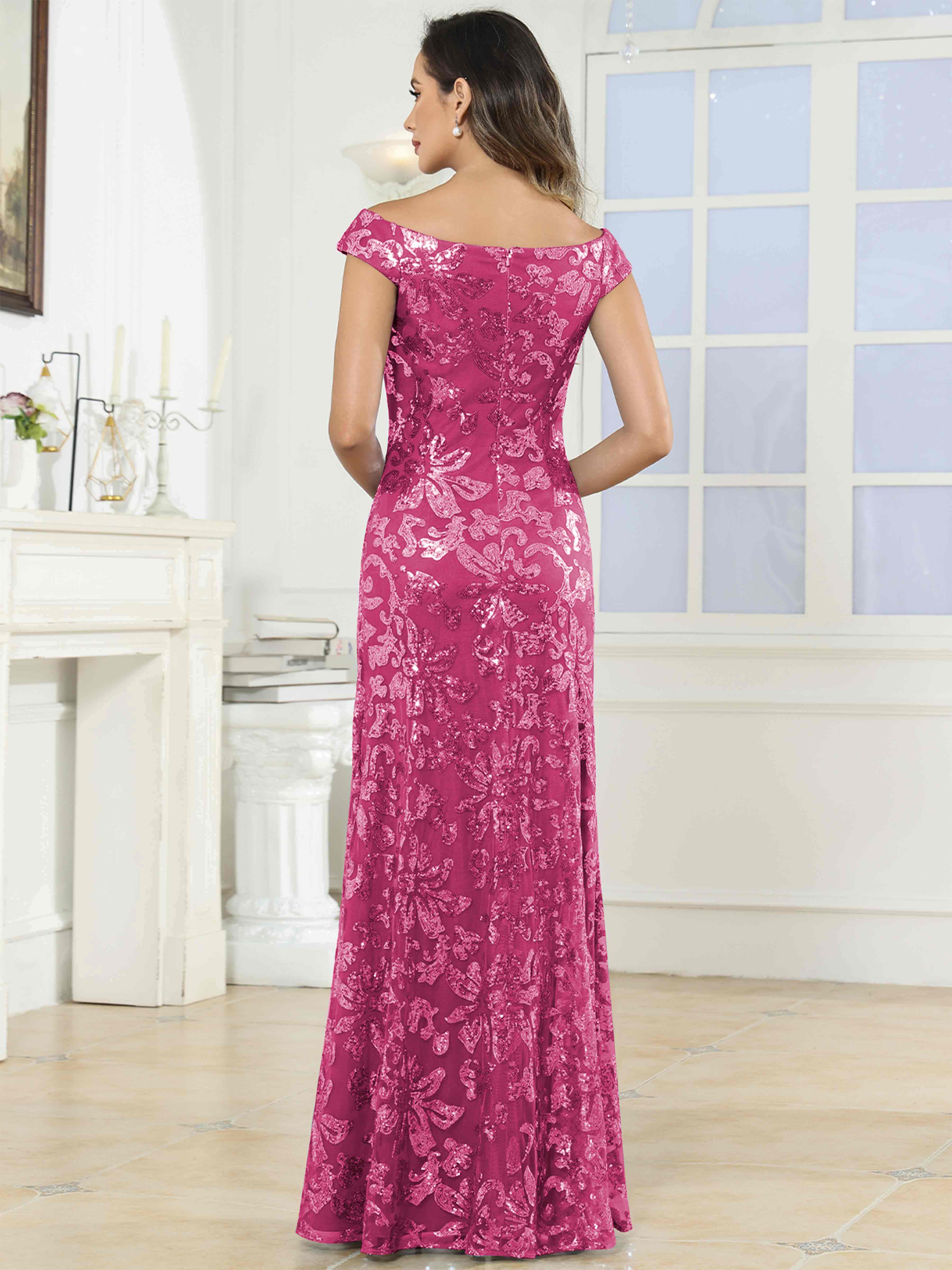 ROVDESY Off-The-Shoulder Mermaid Sequin Mother Of The Bride Dress Formal Gown