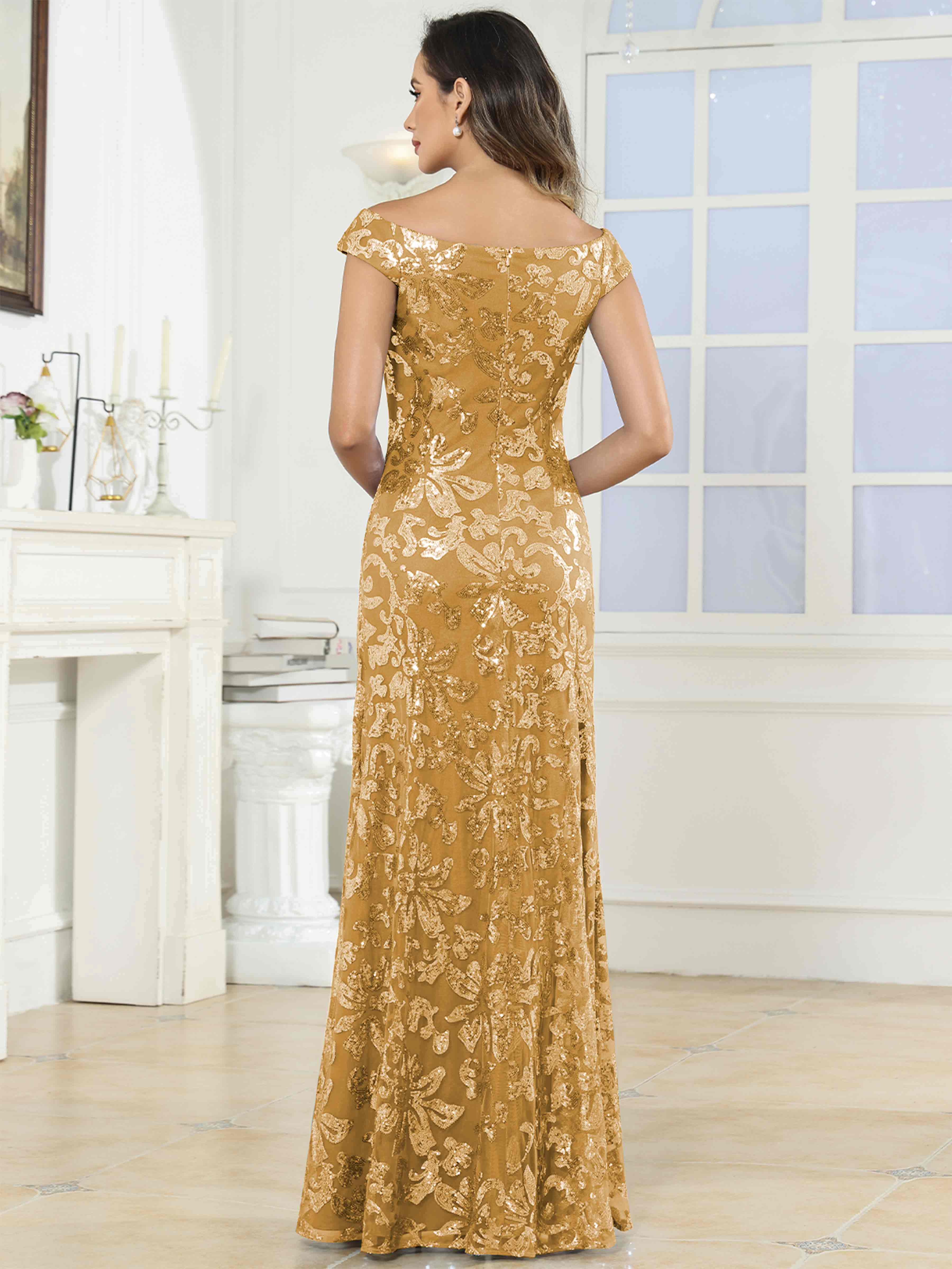 ROVDESY Off-The-Shoulder Mermaid Sequin Mother Of The Bride Dress Formal Gown