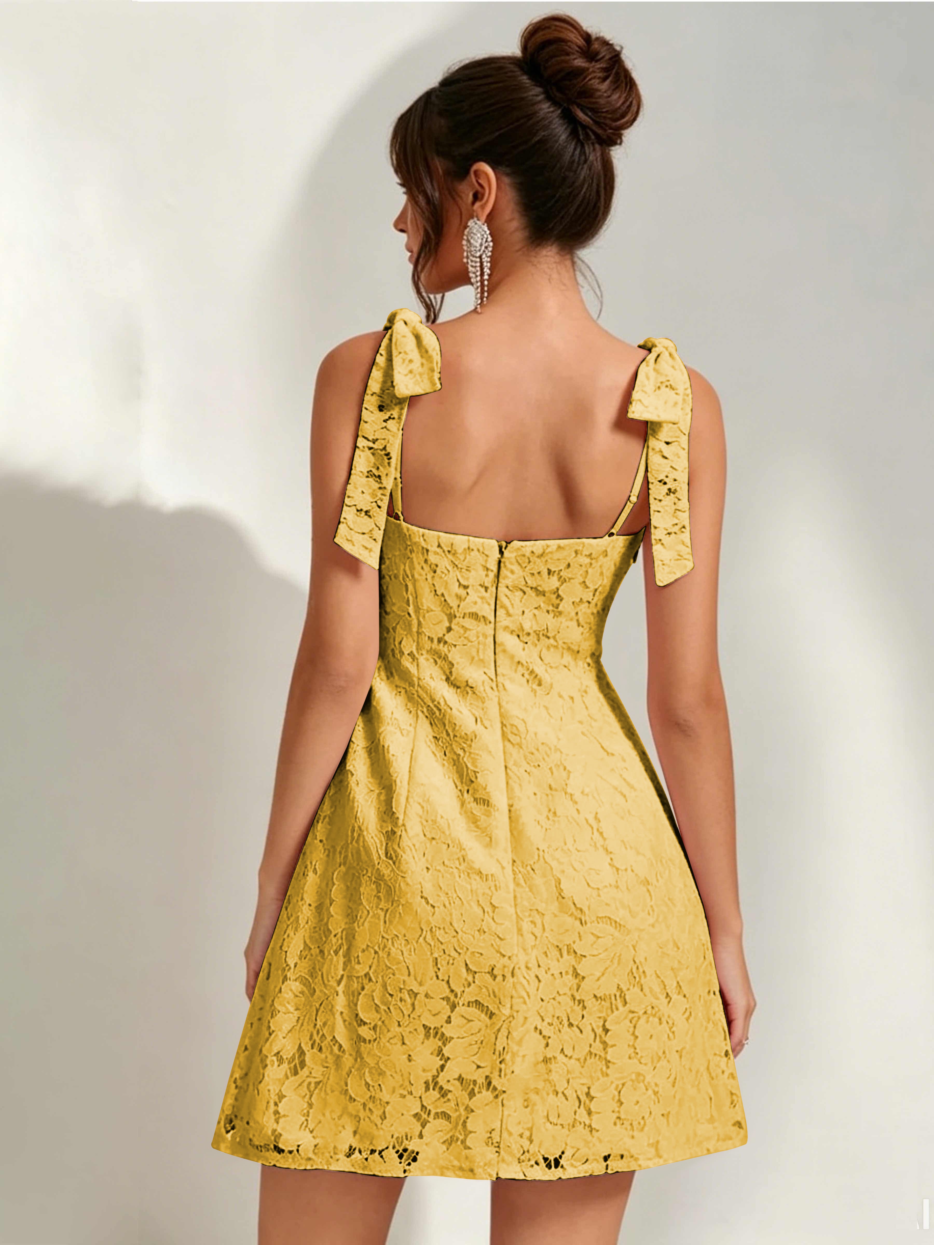 ROVDESY Bow Tie Spaghetti Strap A-Line  Floral Lace Mini Dress