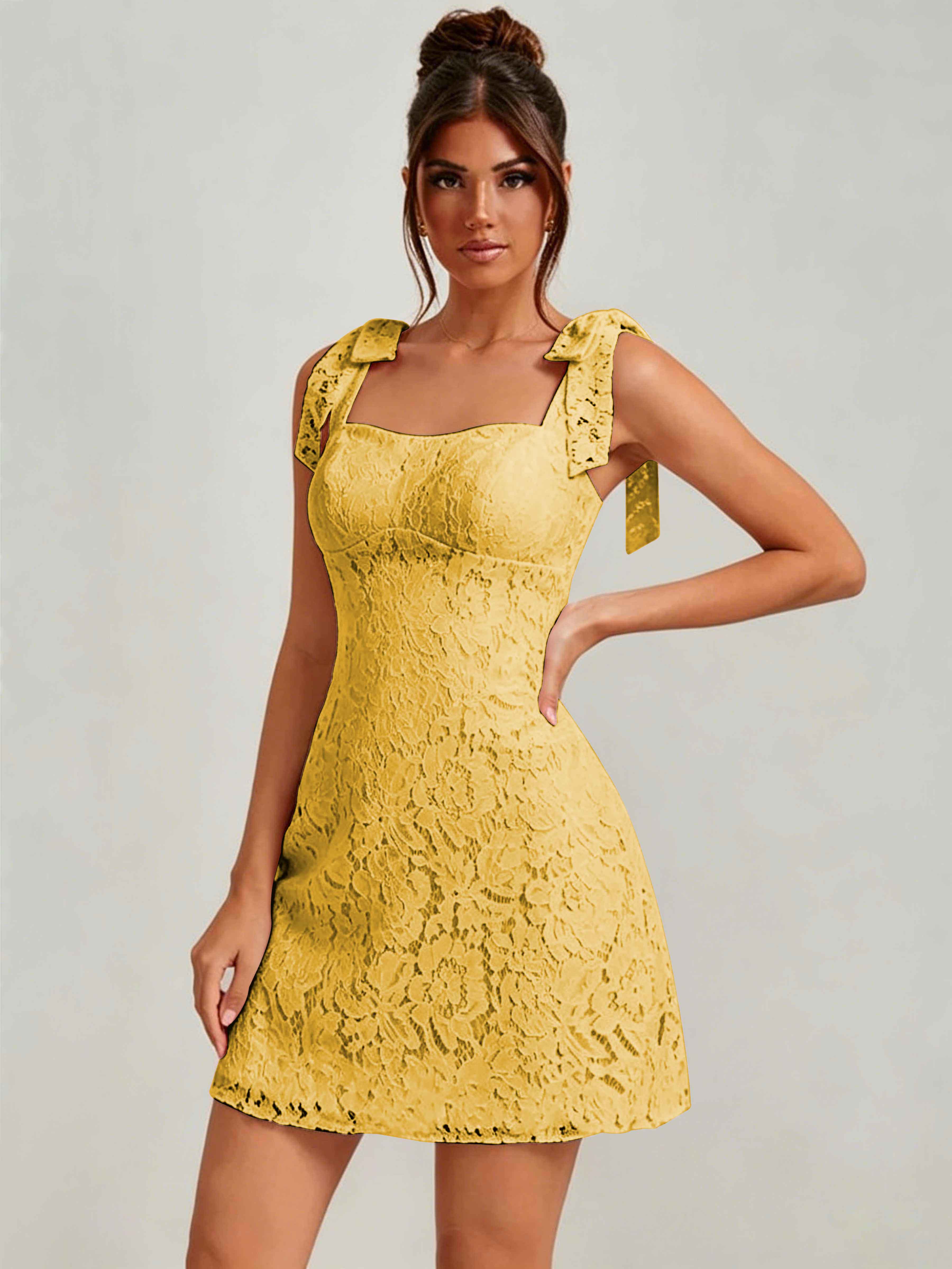 ROVDESY Bow Tie Spaghetti Strap A-Line  Floral Lace Mini Dress
