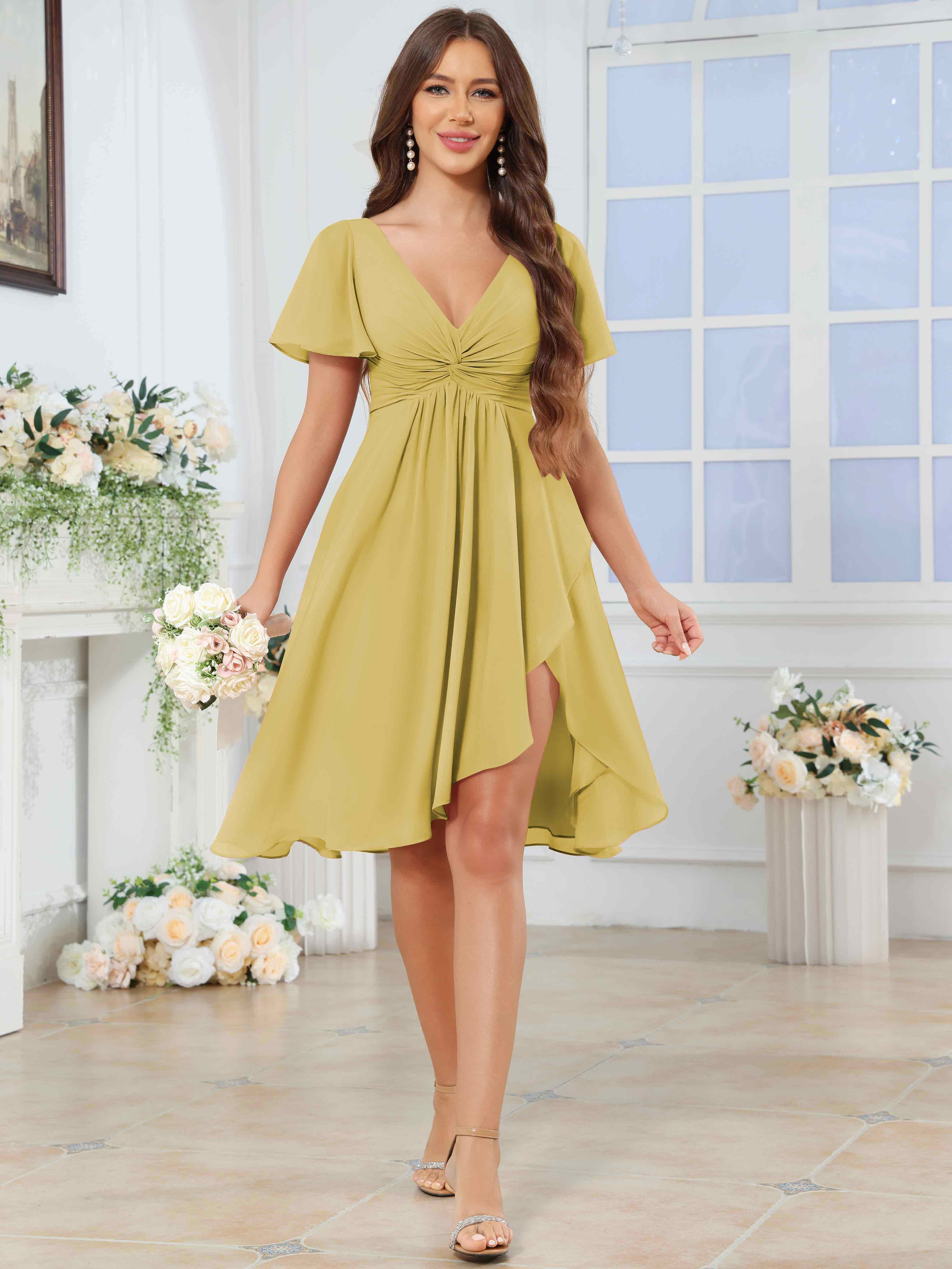 ROVDESY Knee Length V-Neck Pleated Chiffon Bridesmaid Dress With Short Sleeves