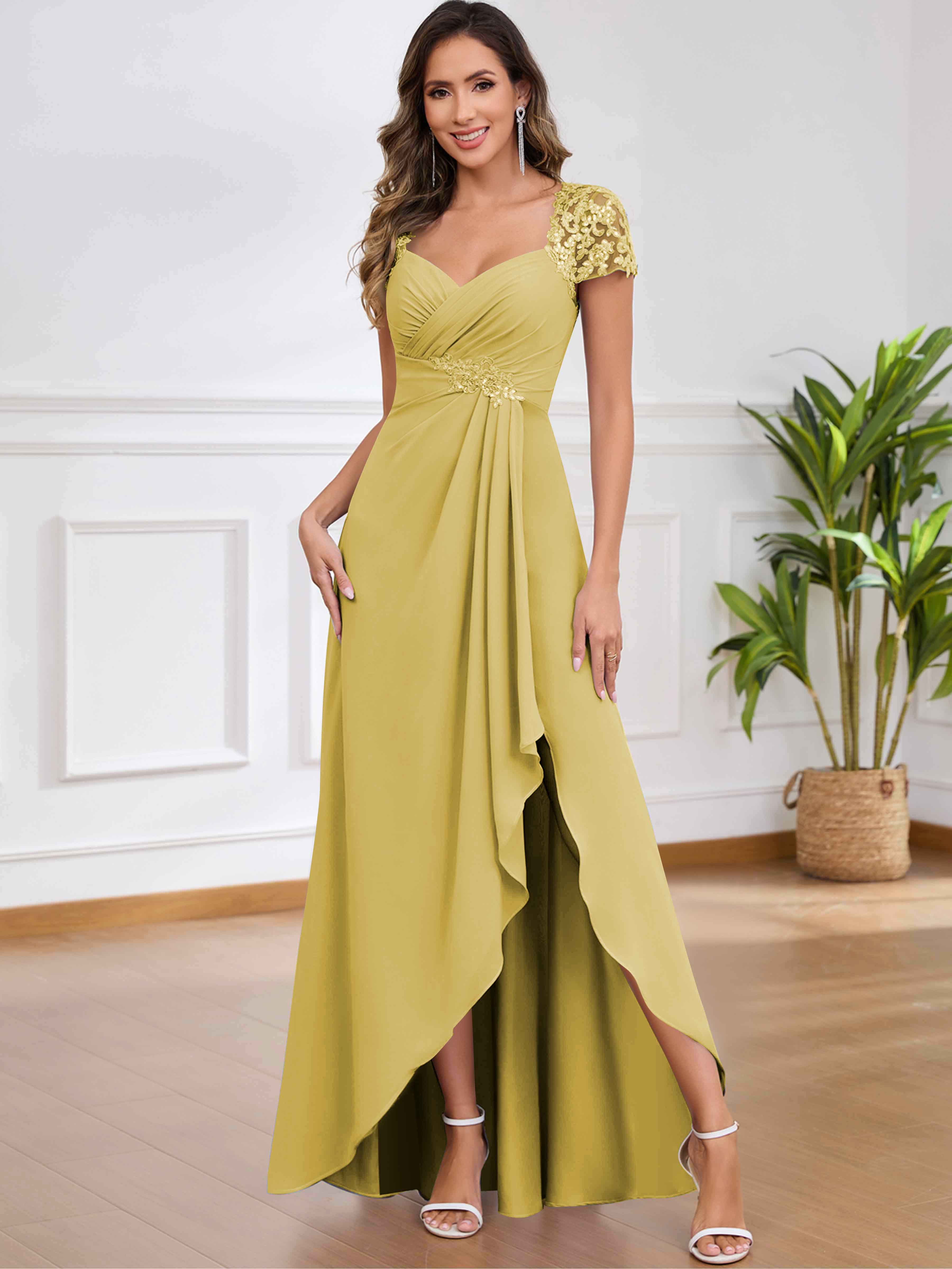 ROVDESY A-Line Pleated Lace Sequin Ruffle Chiffon Mother Of The Bride Dress With Slit