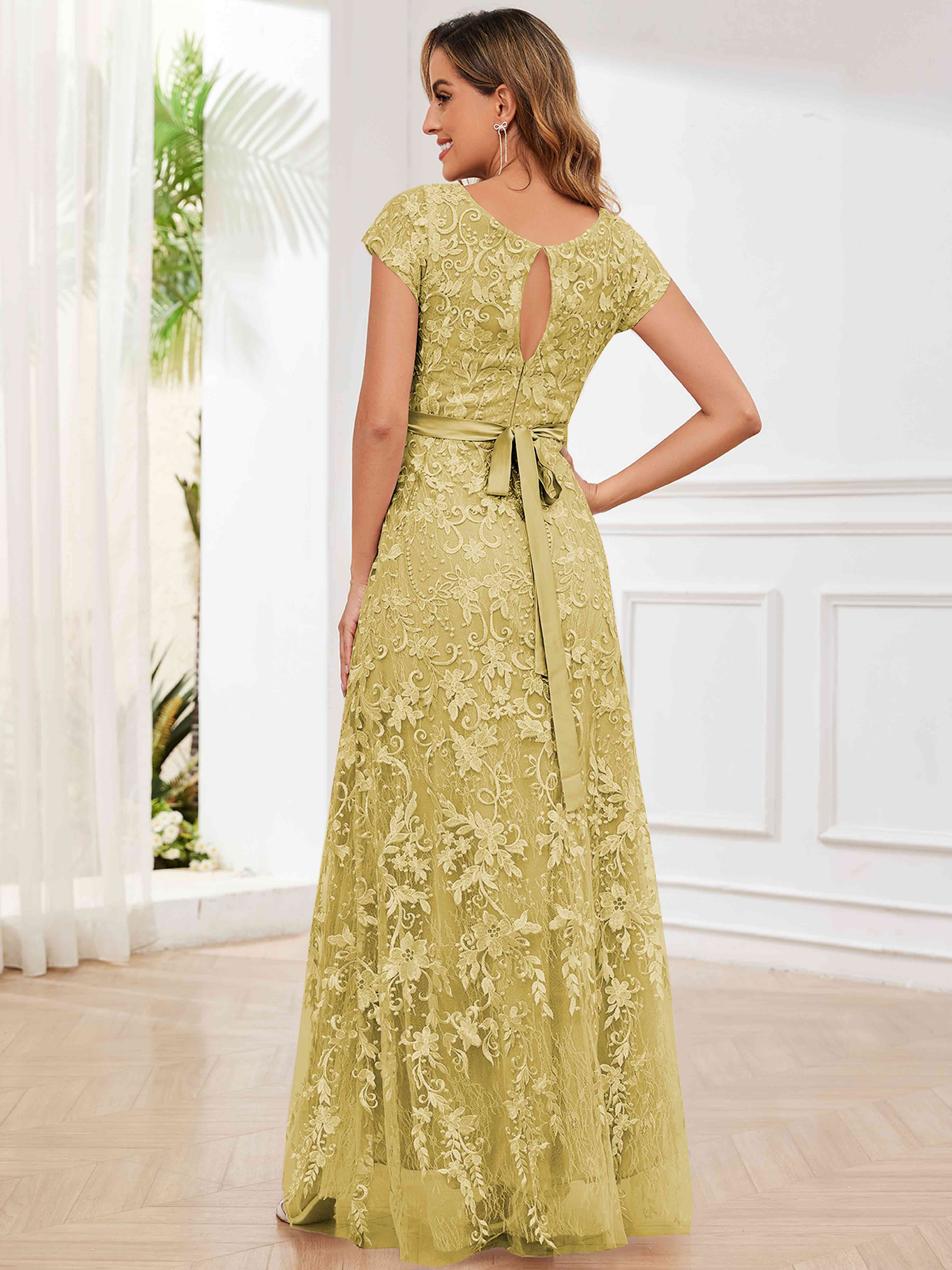 ROVDESY Elegant Lace Mother Of The Bride Dress With Short Sleeves Formal Gown