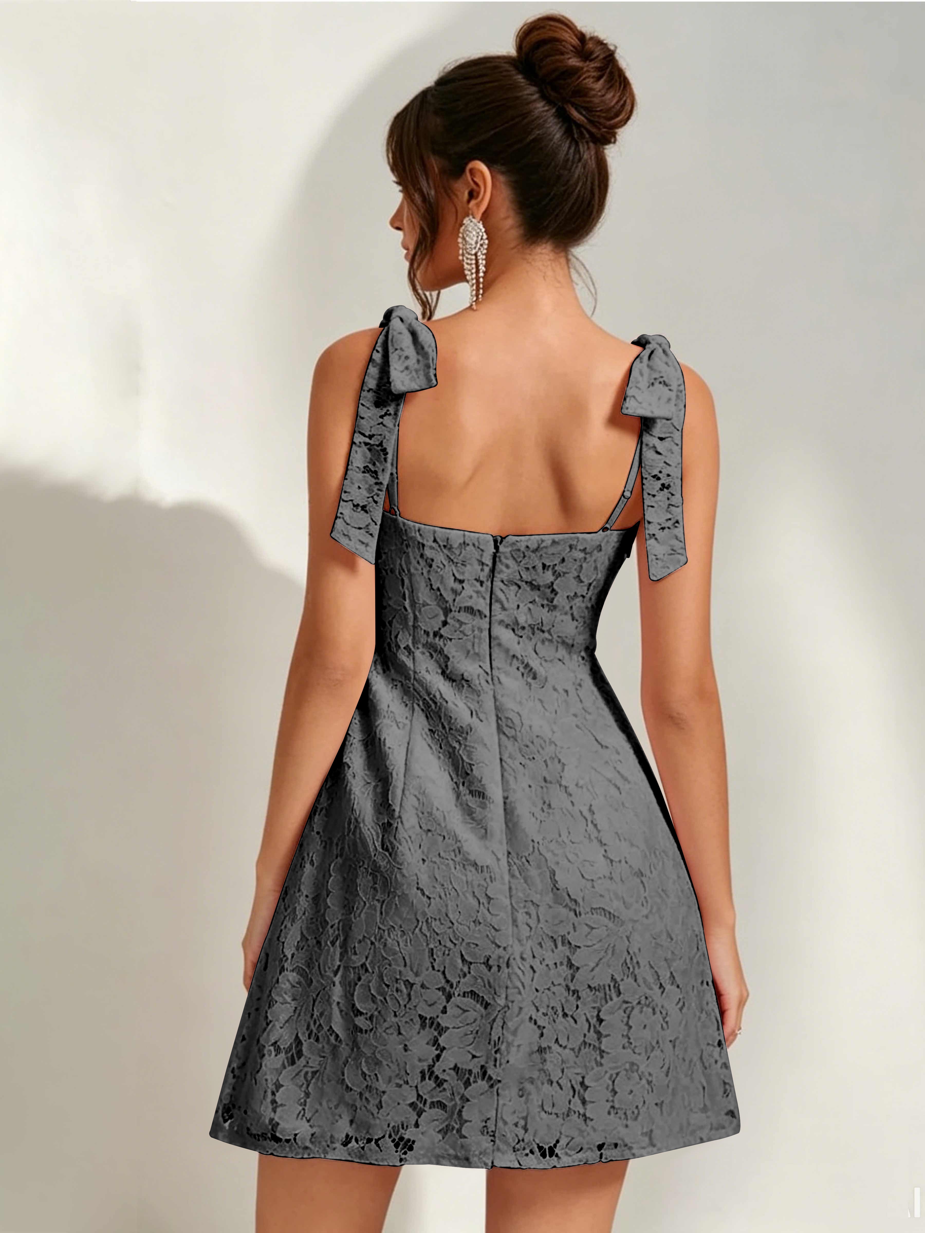 ROVDESY Bow Tie Spaghetti Strap A-Line  Floral Lace Mini Dress