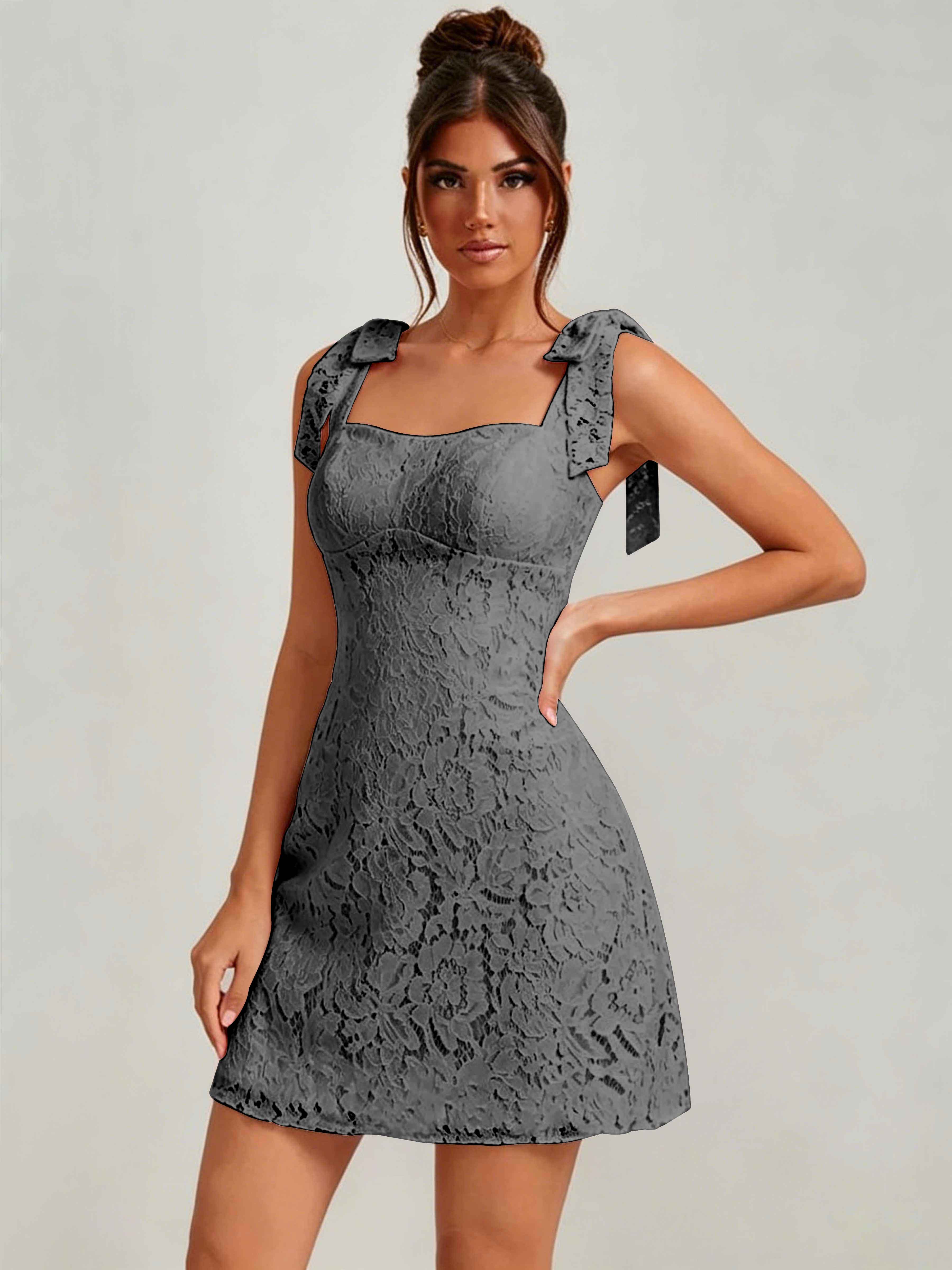ROVDESY Bow Tie Spaghetti Strap A-Line  Floral Lace Mini Dress