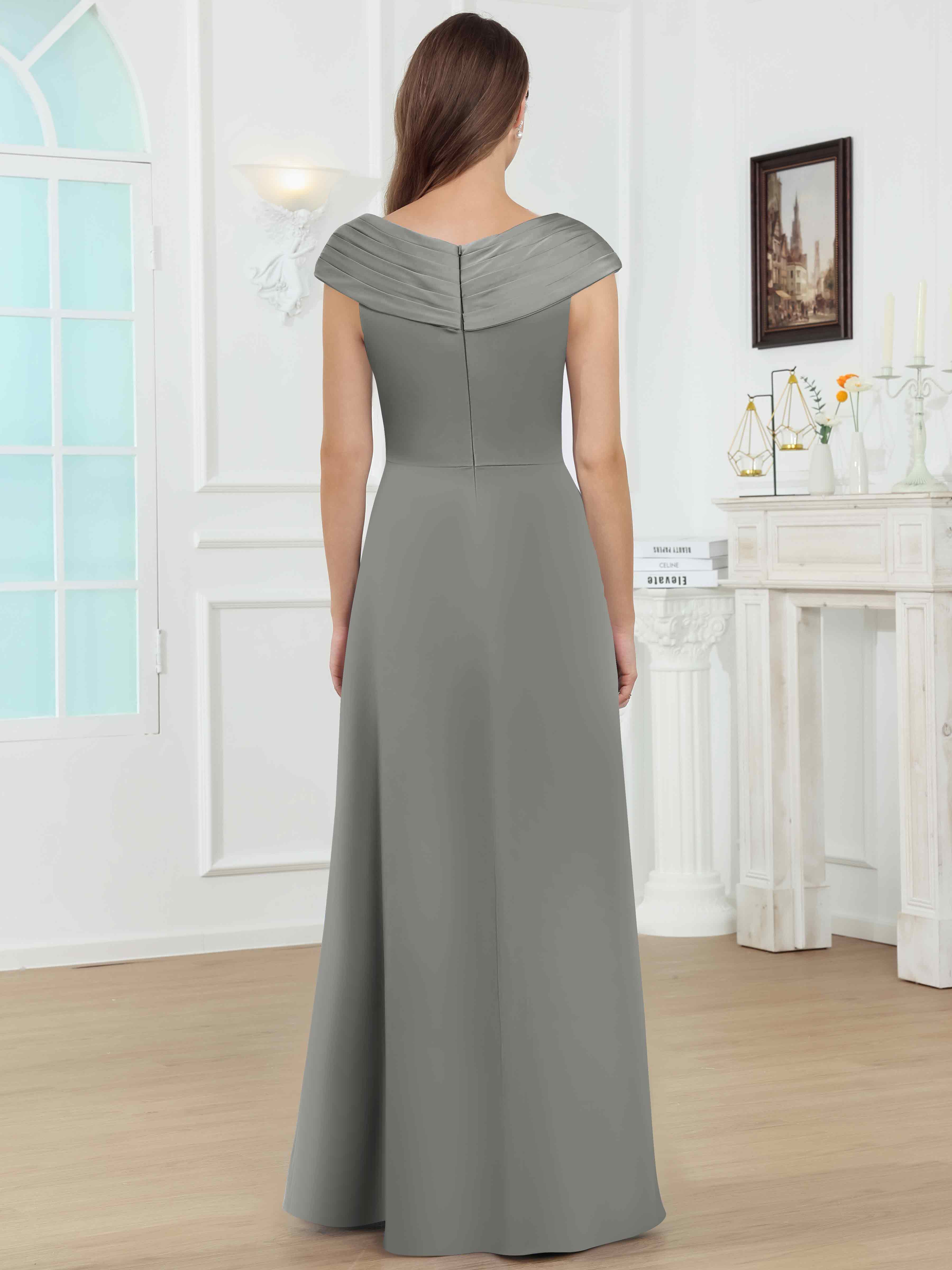 ROVDESY V-Neck Off The Shoulder Pleated Satin Mother Of The Bride Dress With Slit