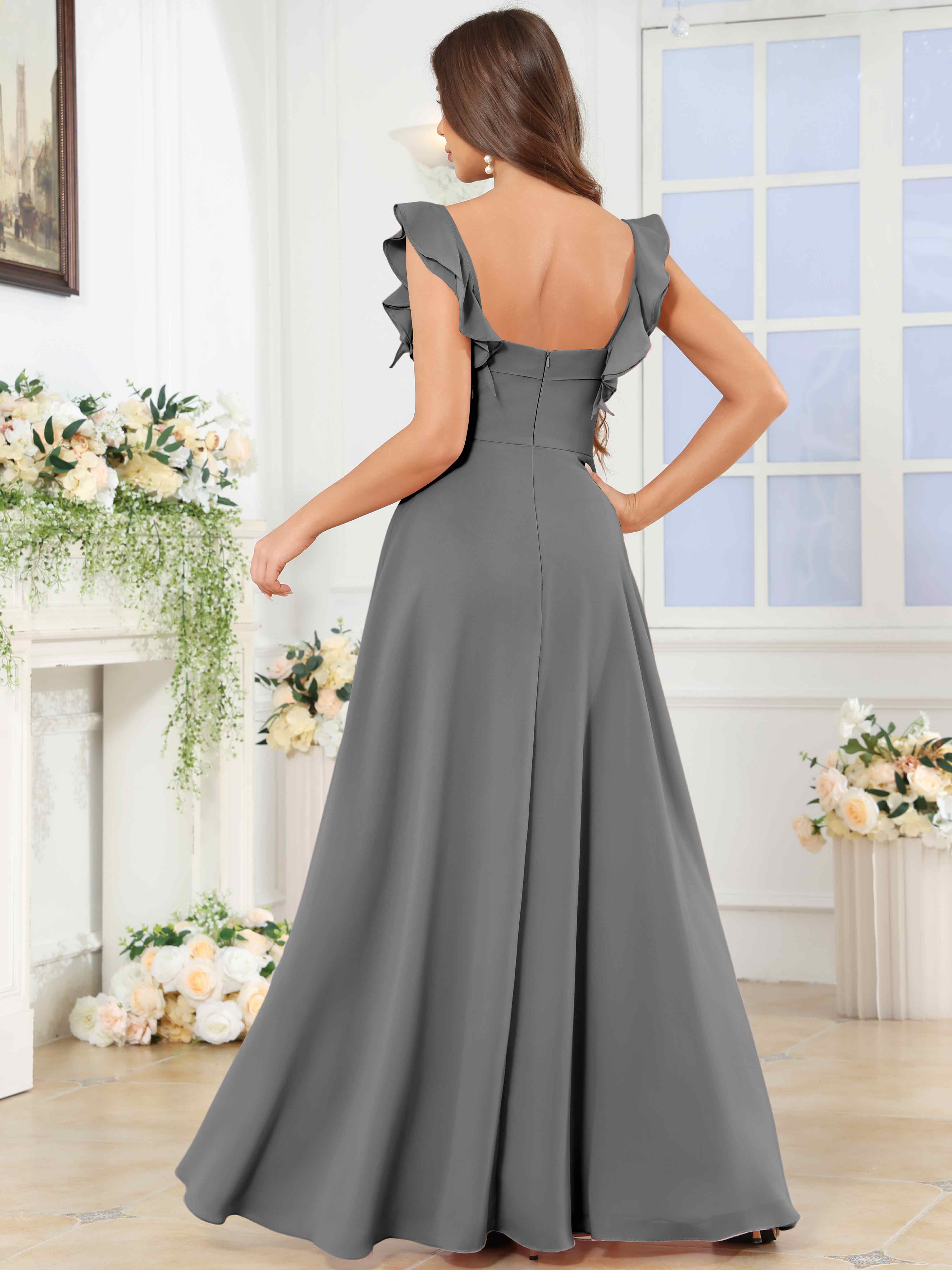 ROVDESY Square Neck Ruffle Chffion Bridesmaid Dress With Slit