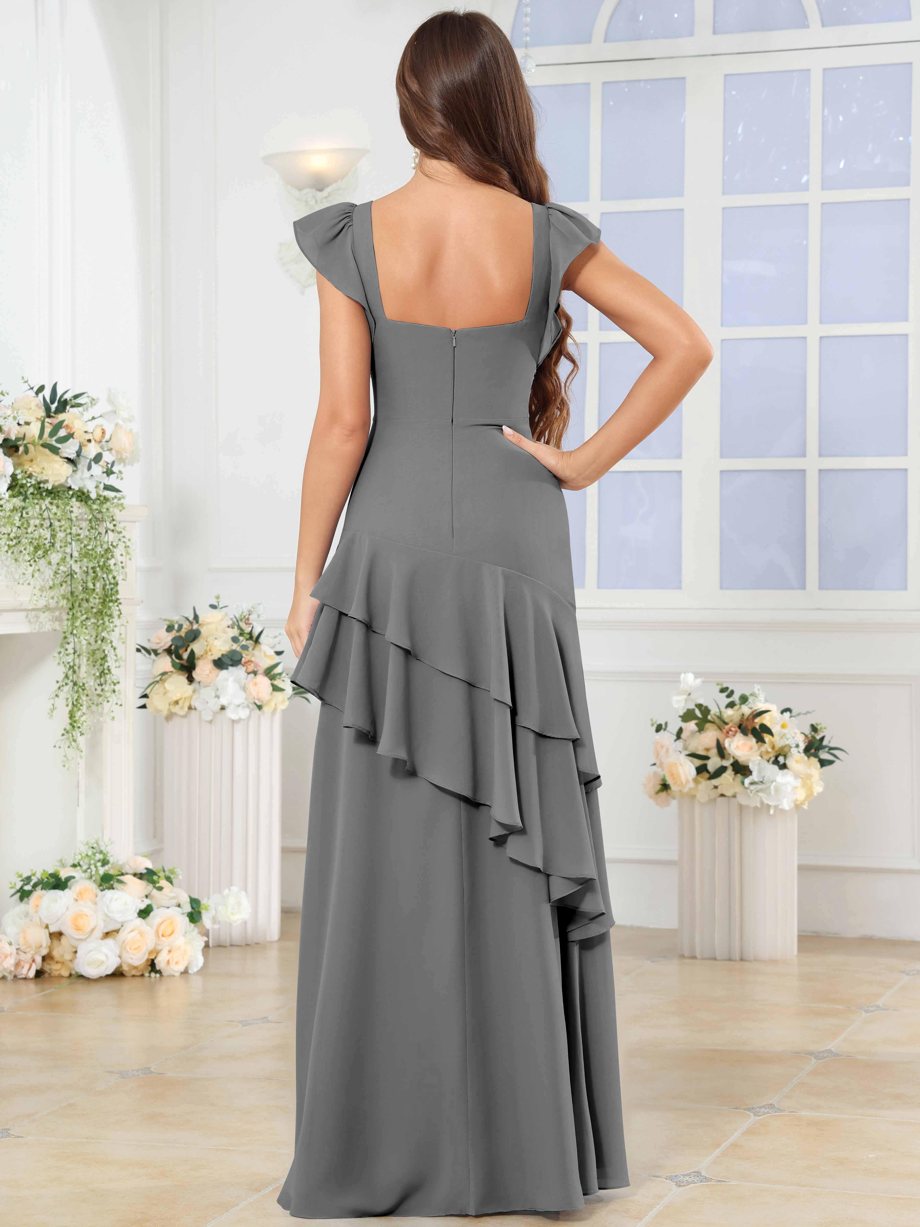 ROVDESY Sweetheart Tiered Ruffle Chiffon Bridesmaid Dress With Short Sleeves