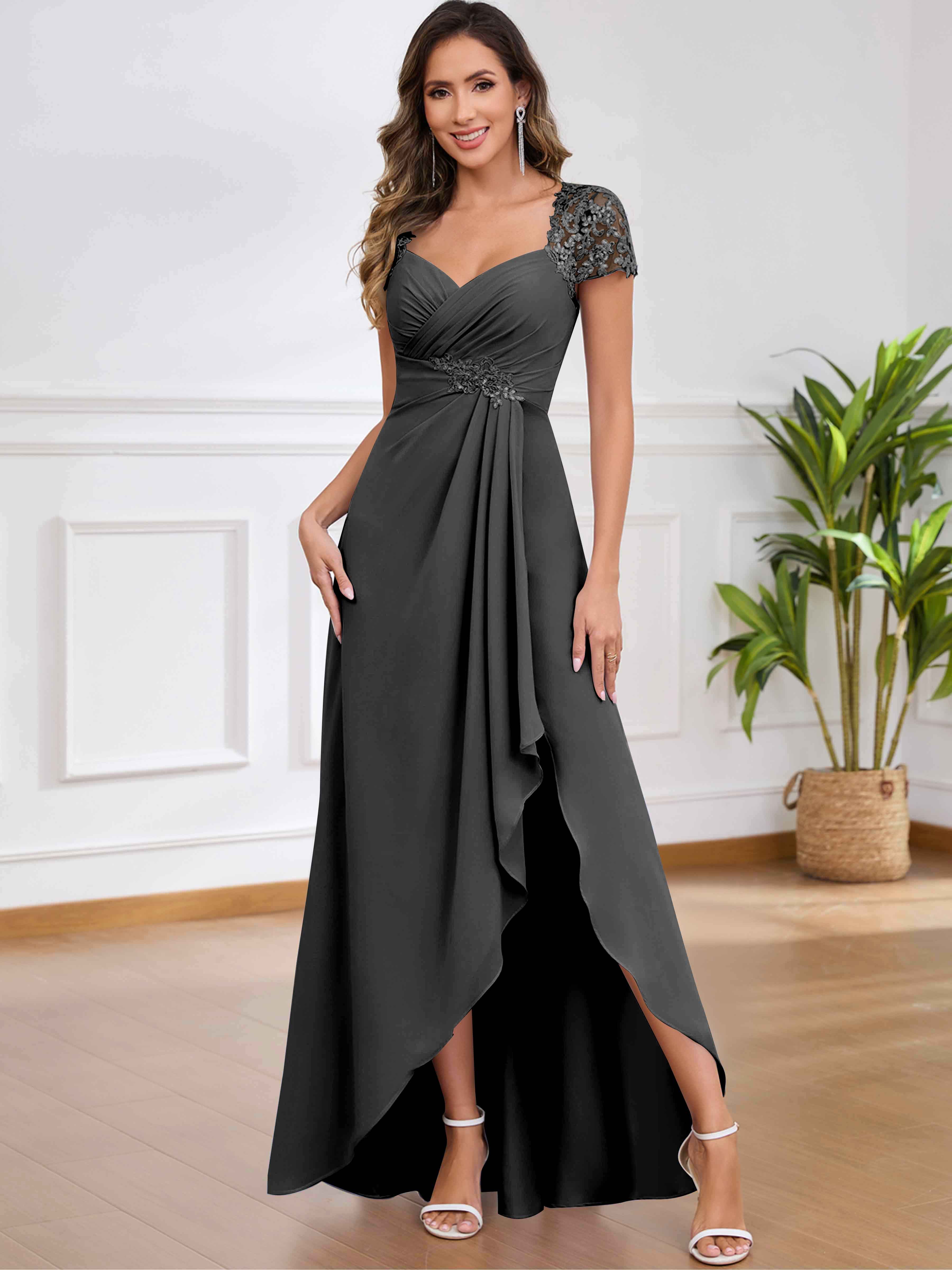 ROVDESY A-Line Pleated Lace Sequin Ruffle Chiffon Mother Of The Bride Dress With Slit